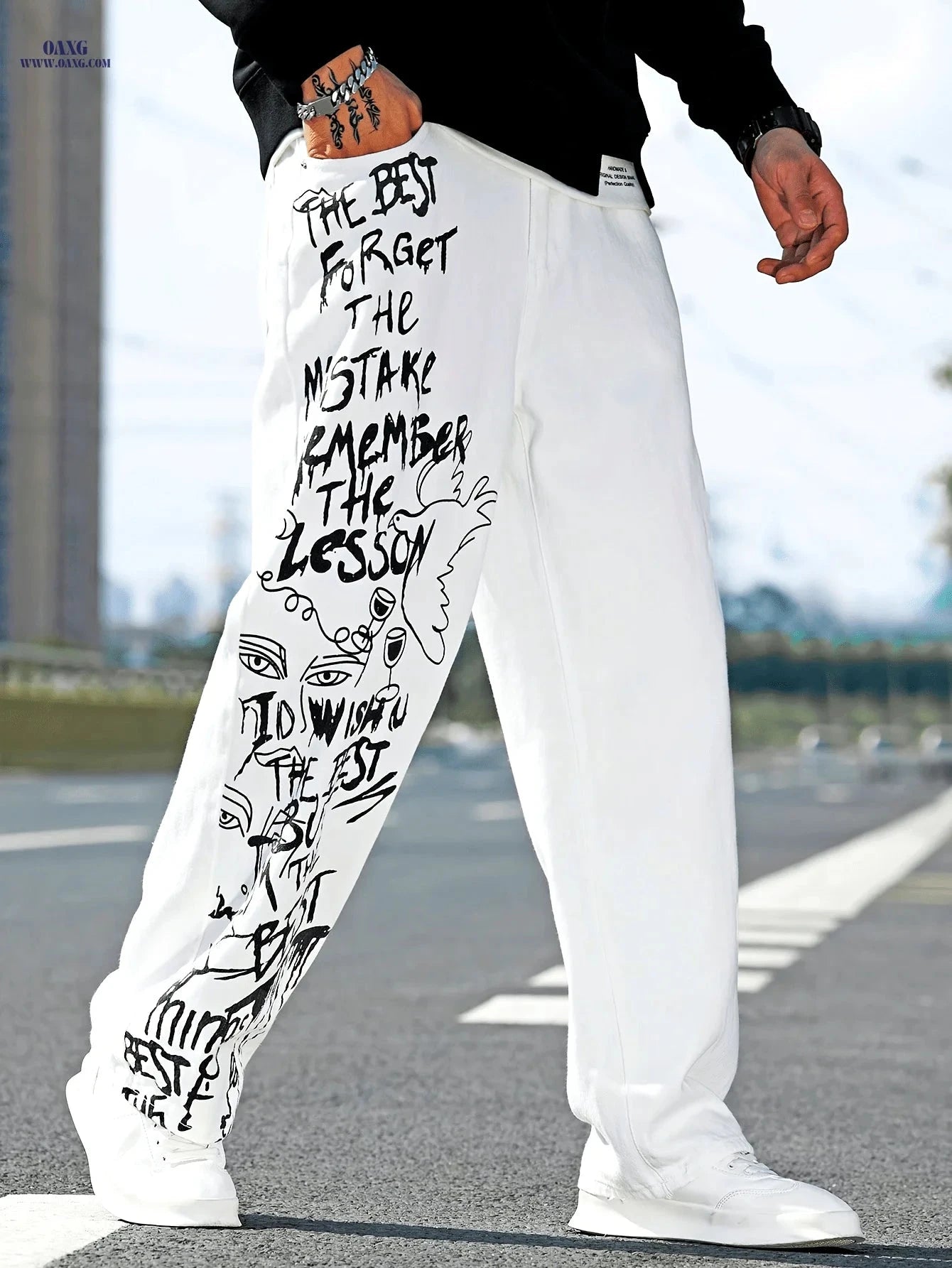 White Classic Men's Denim Jeans - Graffiti Lettering Casual Pants   OAXG White / FR S