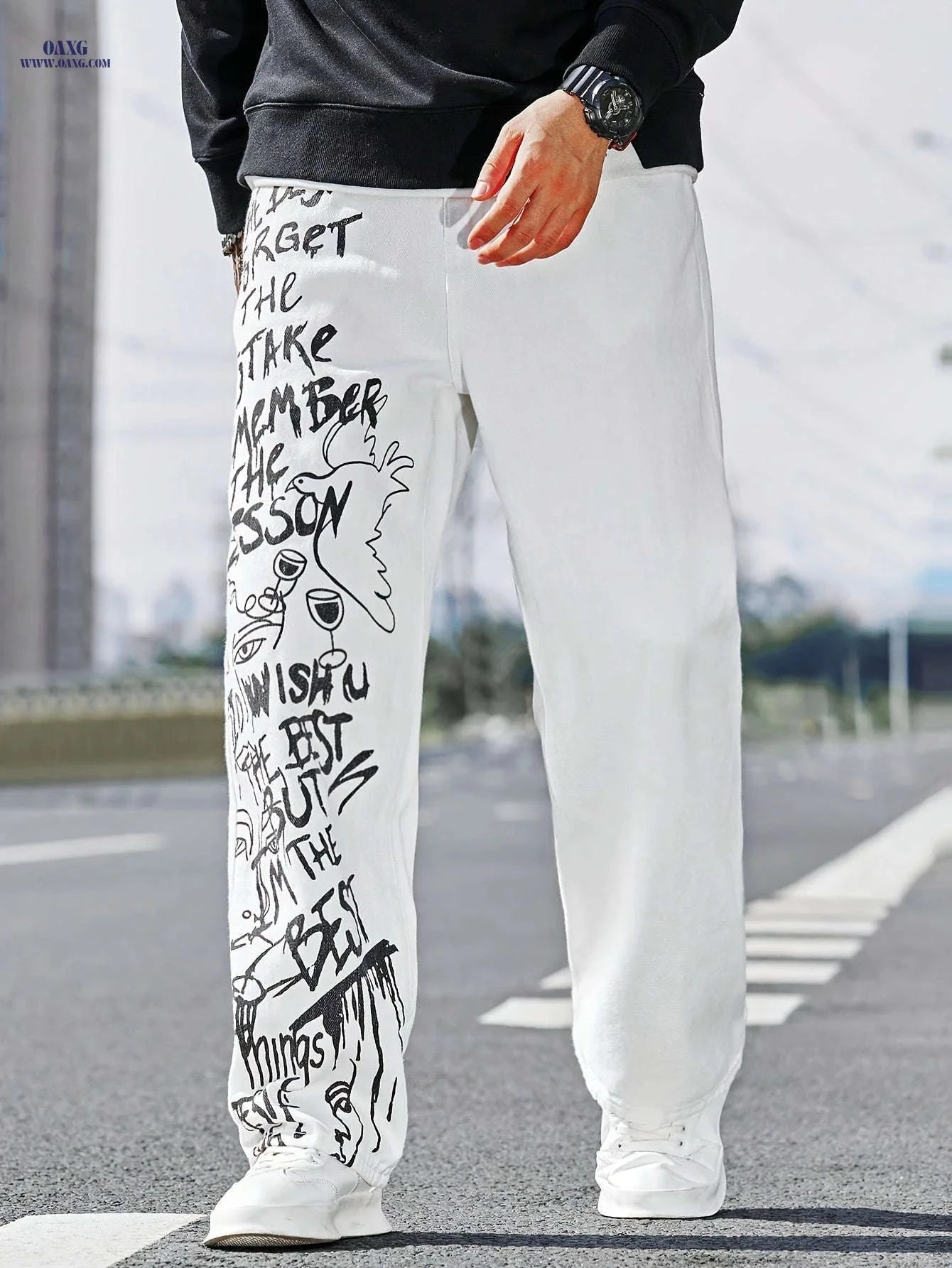 White Classic Men's Denim Jeans - Graffiti Lettering Casual Pants   OAXG White / FR S