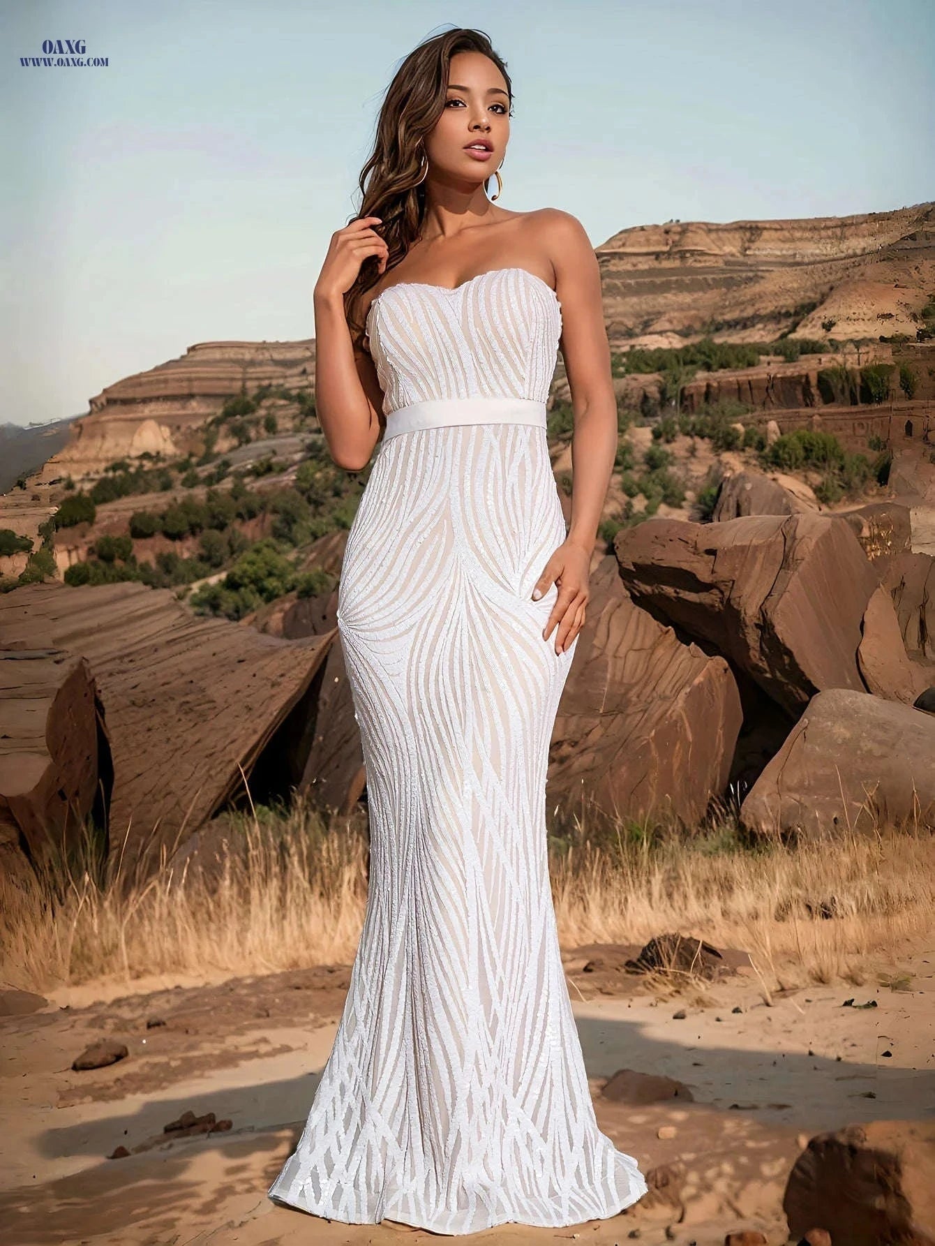 White Extra-Long Strapless Sequined Dress - Off the Shoulder Corset   OAXG White / XS