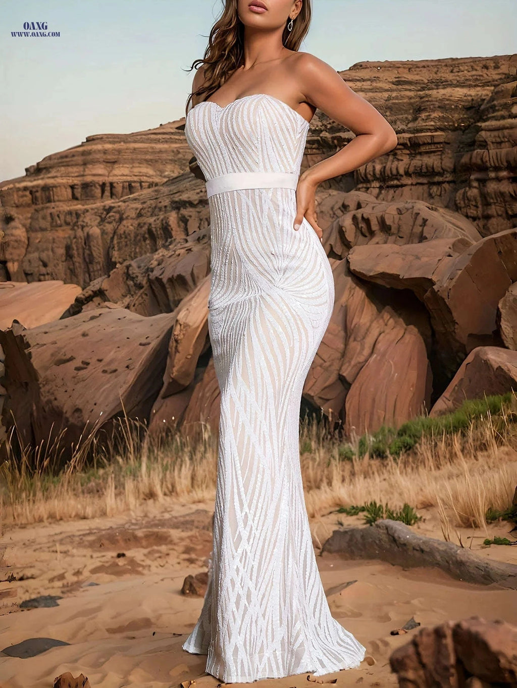 White Extra-Long Strapless Sequined Dress - Off the Shoulder Corset   OAXG White / XS