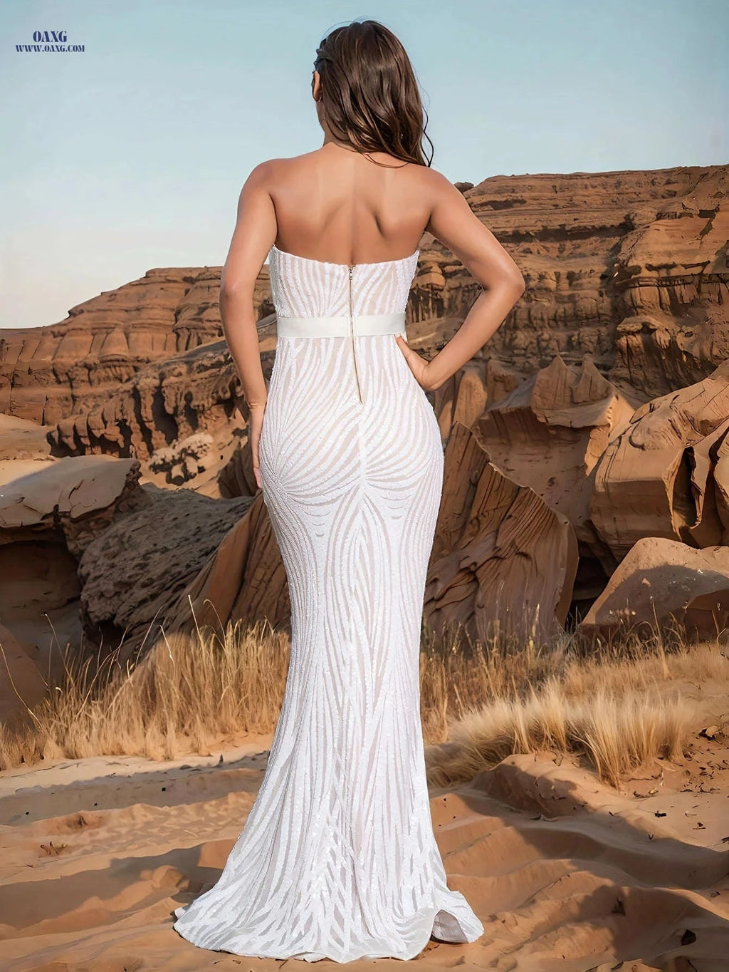 White Extra-Long Strapless Sequined Dress - Off the Shoulder Corset   OAXG White / XS