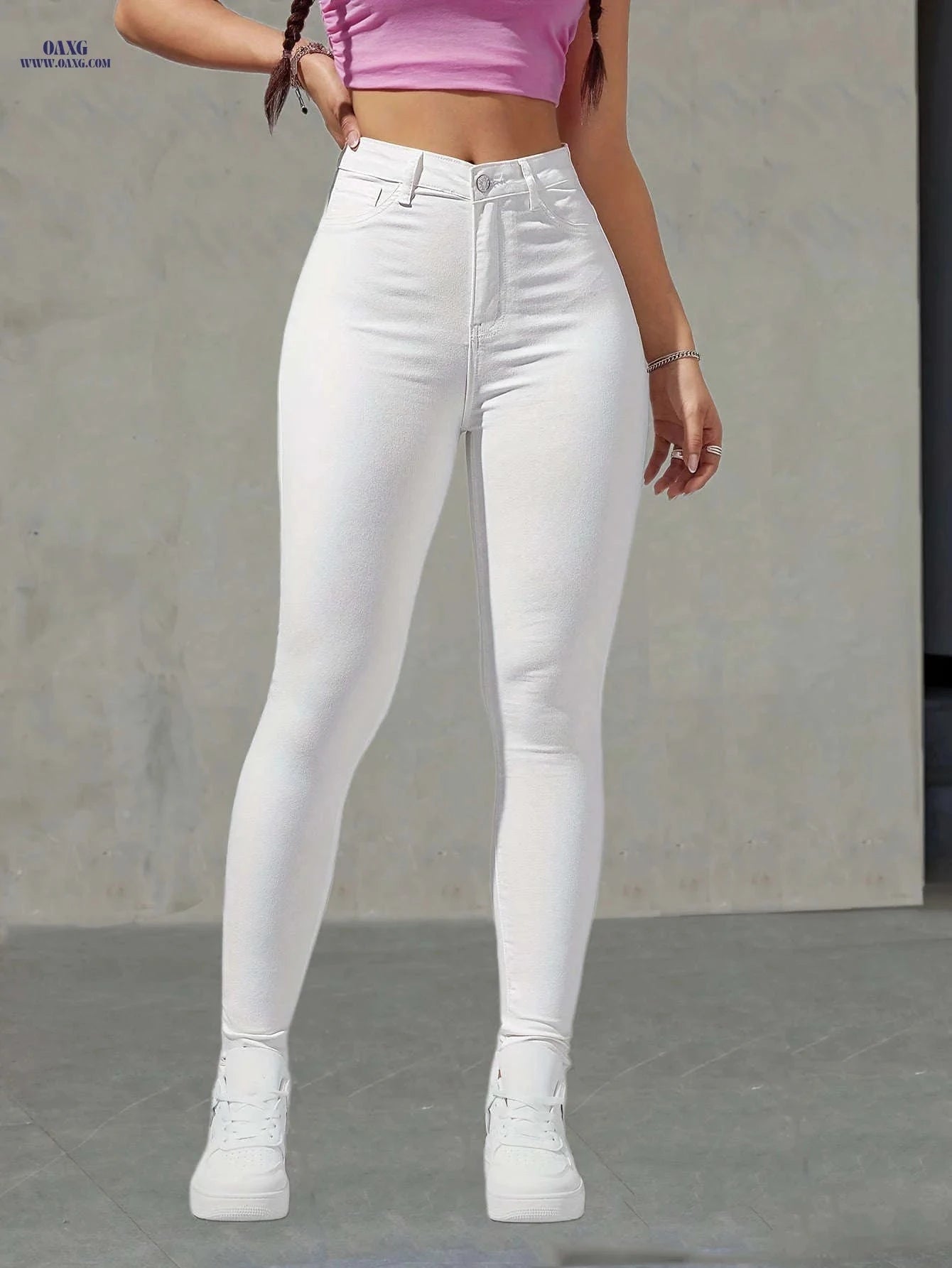 White Slim-Fit Skinny Denim Pants - High Stretch for All Seasons   OAXG White / XS
