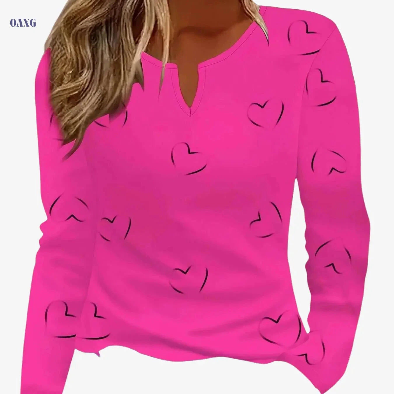 White Women's V-Neck Casual Top - Black Heart Print, All-Season Comfort   OAXG 