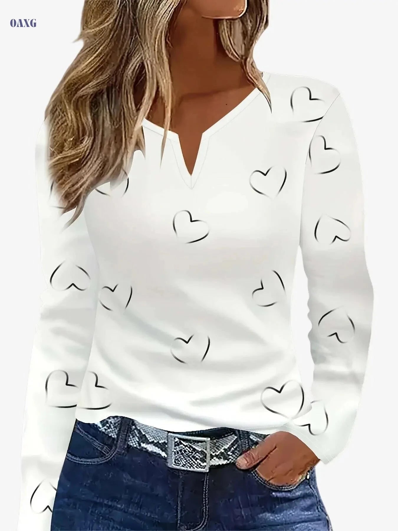 White Women's V-Neck Casual Top - Black Heart Print, All-Season Comfort   OAXG 