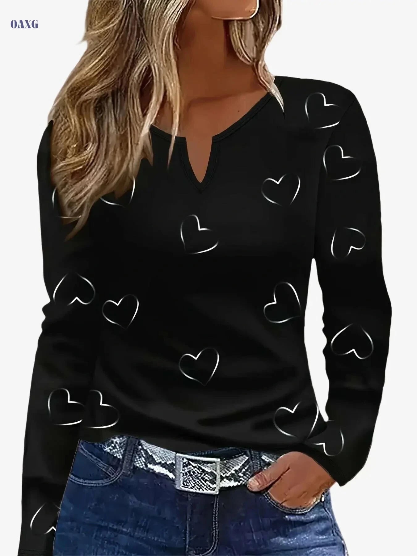 White Women's V-Neck Casual Top - Black Heart Print, All-Season Comfort   OAXG 