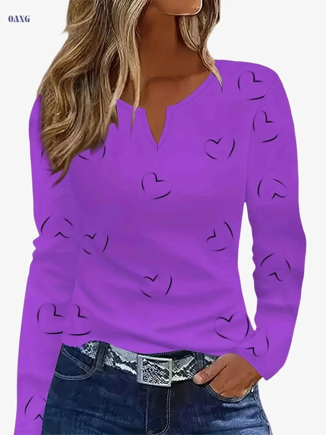 White Women's V-Neck Casual Top - Black Heart Print, All-Season Comfort   OAXG White / S