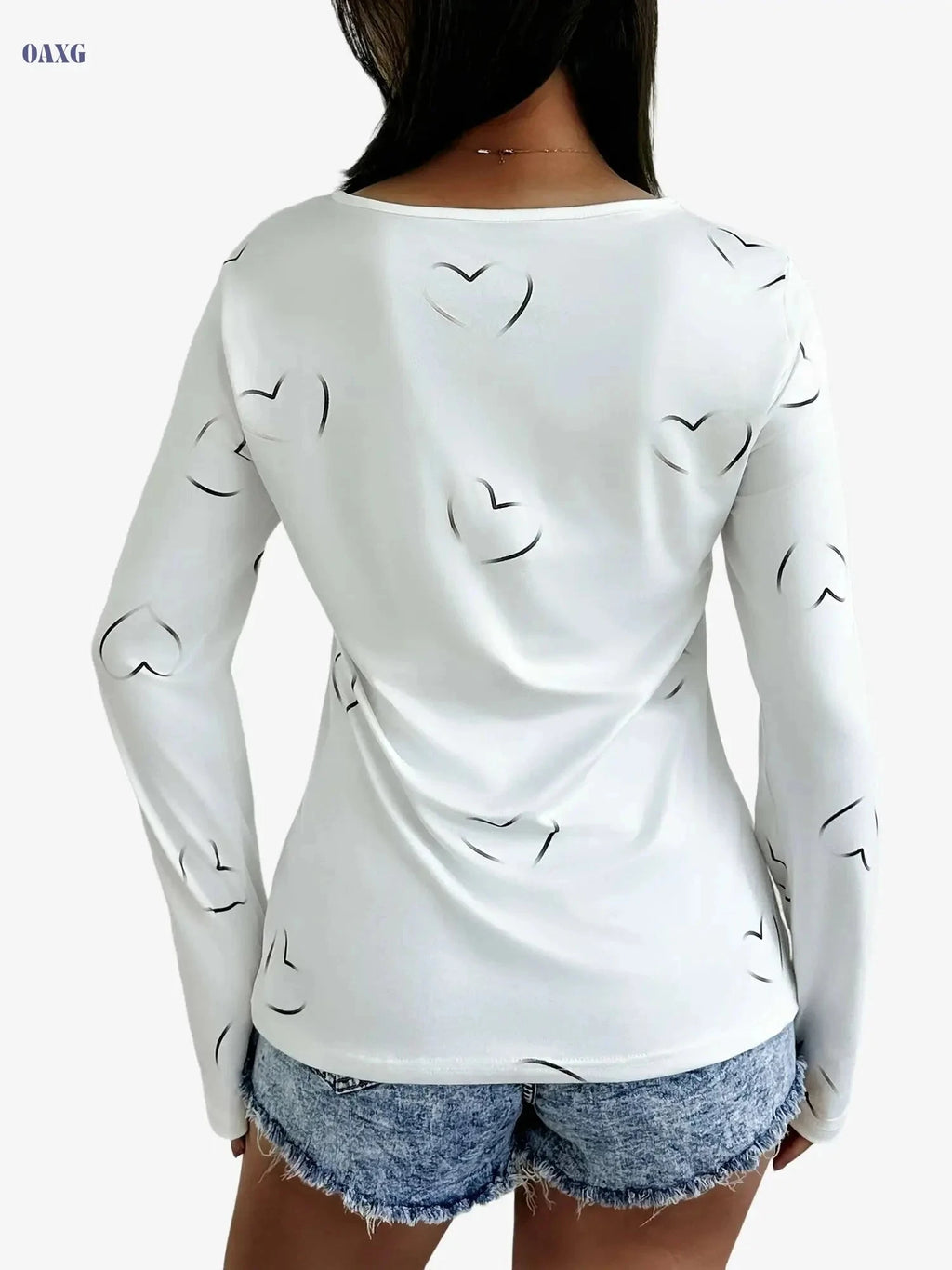 White Women's V-Neck Casual Top - Black Heart Print, All-Season Comfort   OAXG White / S