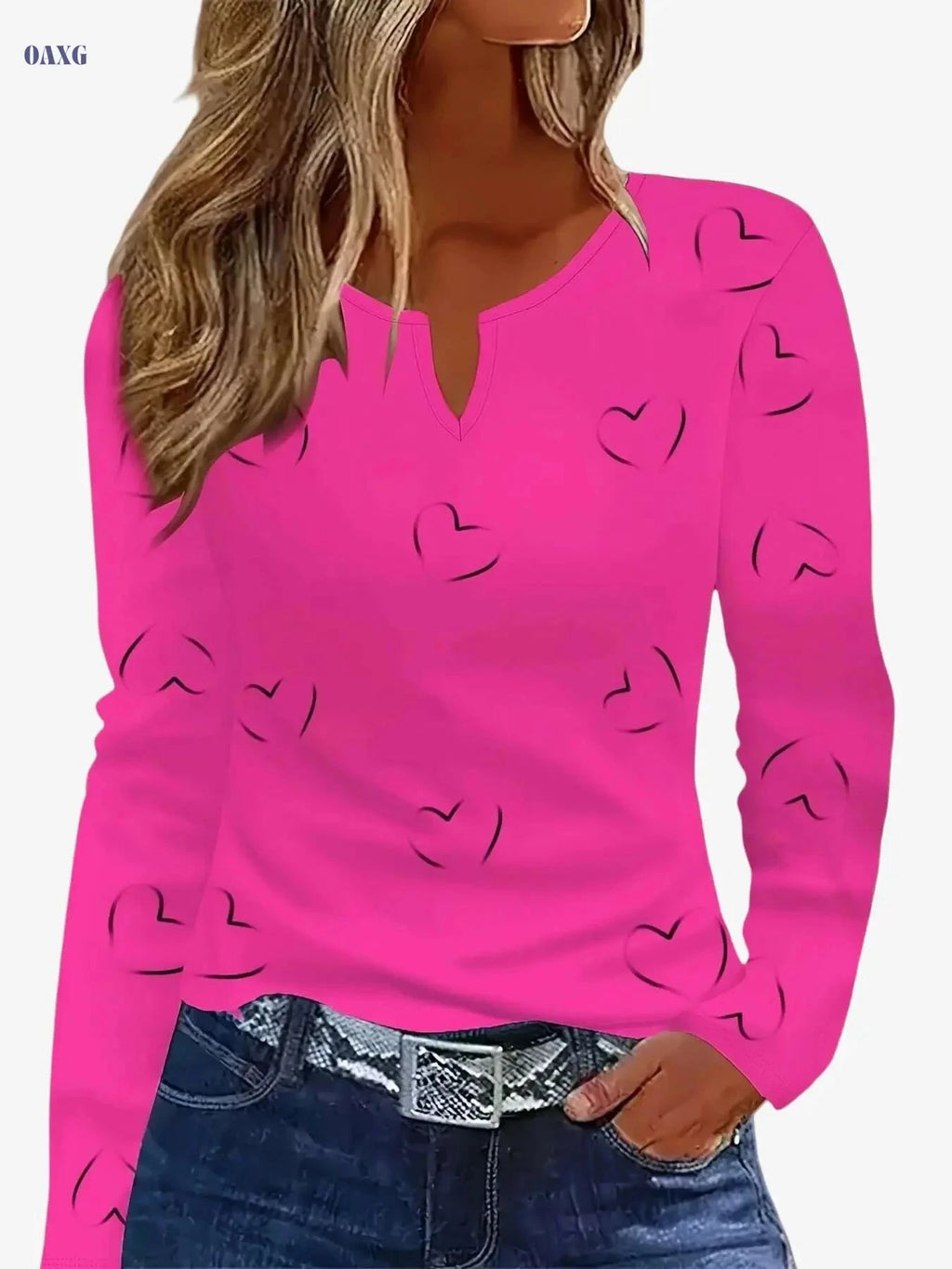 White Women's V-Neck Casual Top - Black Heart Print, All-Season Comfort   OAXG White / S