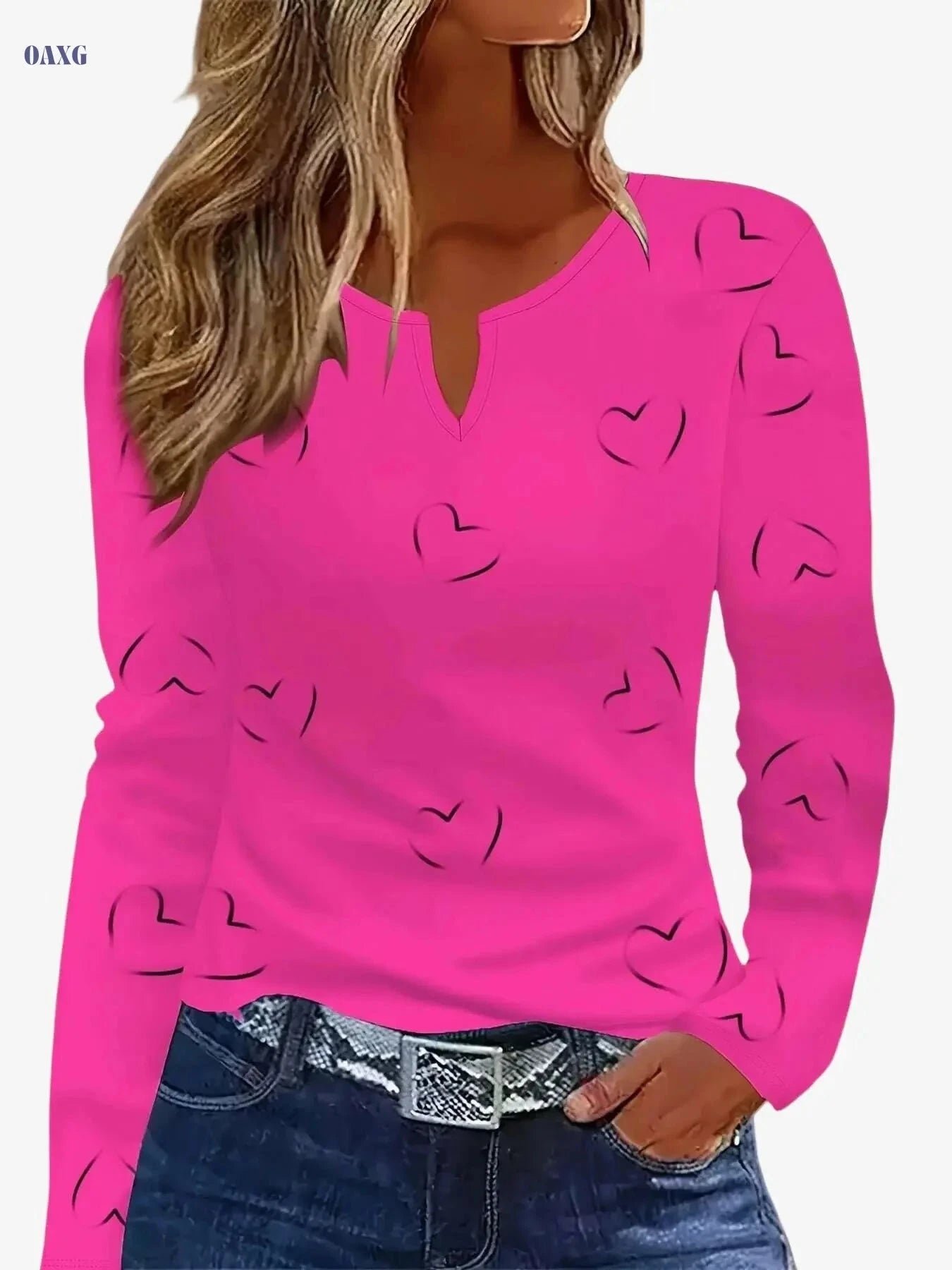 White Women's V-Neck Casual Top - Black Heart Print, All-Season Comfort   OAXG White / S