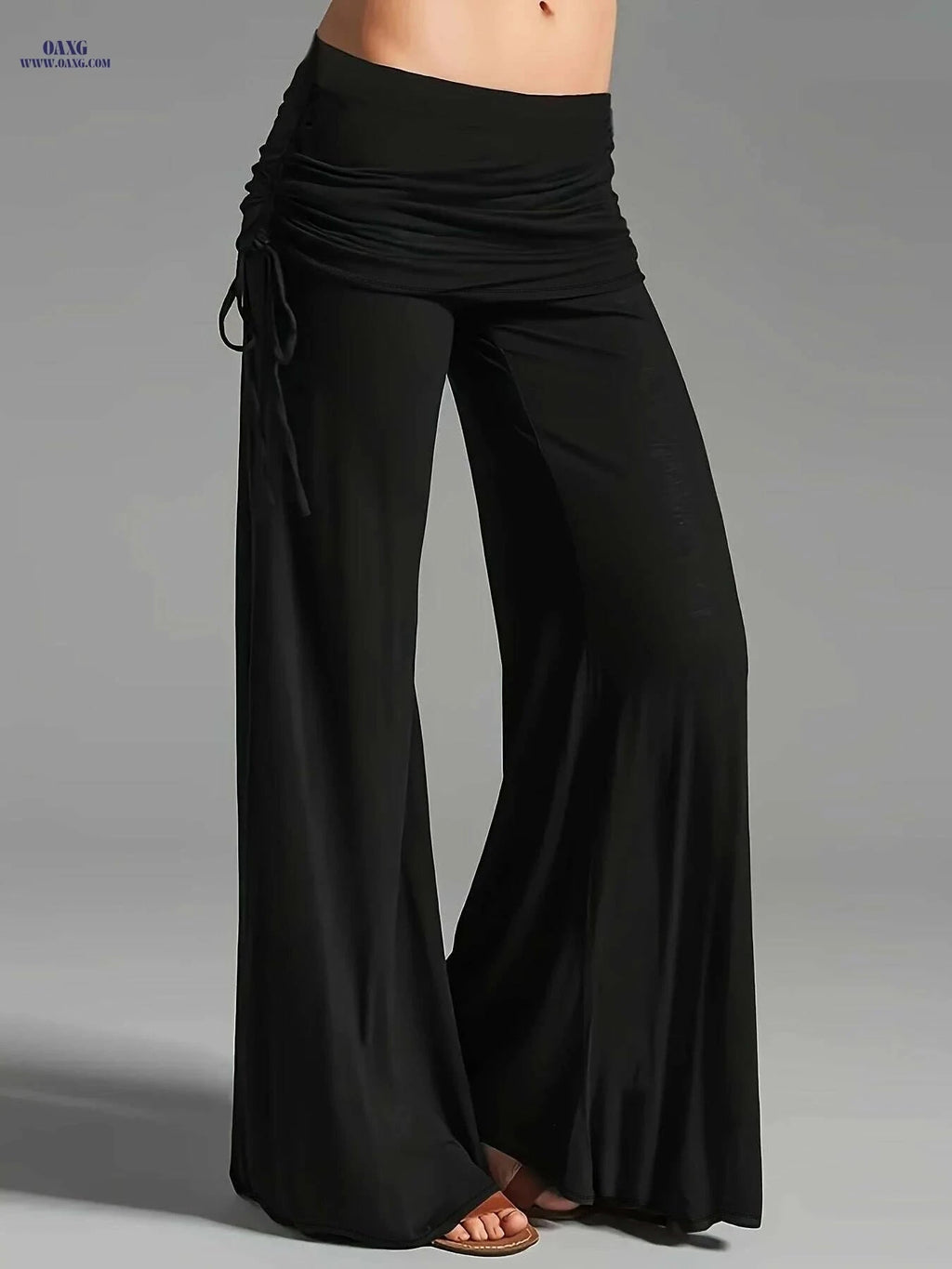 Wide Leg Ruched Waist Pants for Women - Casual Summer Style   OAXG Black / S