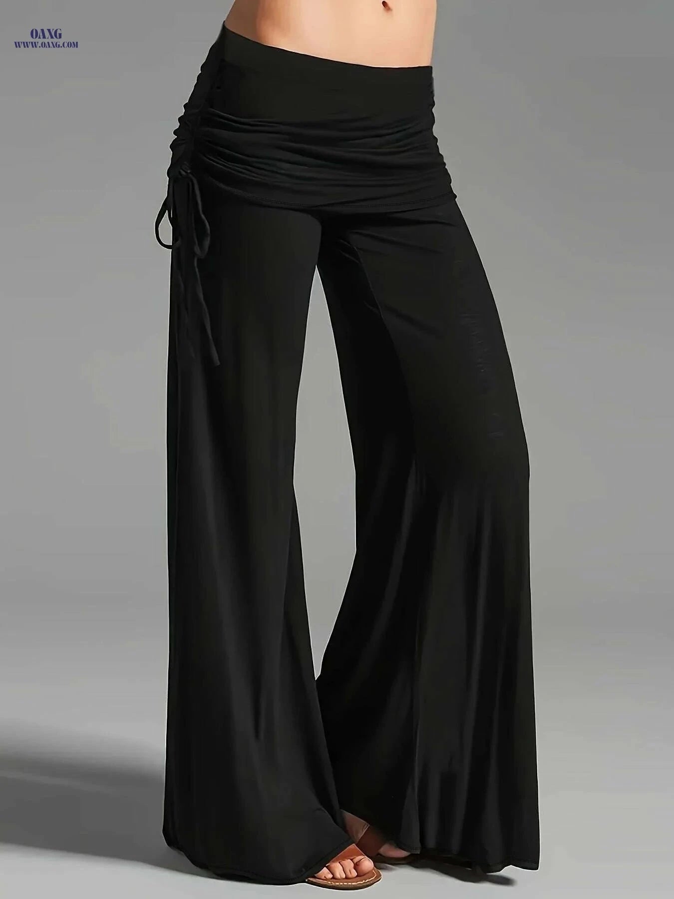 Wide Leg Ruched Waist Pants for Women - Casual Summer Style   OAXG Black / S