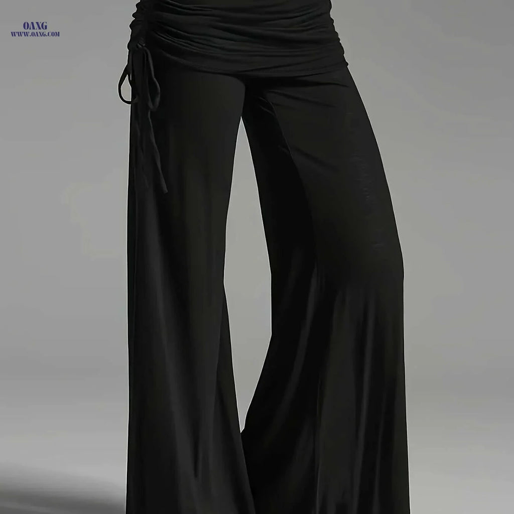 Wide Leg Ruched Waist Pants for Women - Casual Summer Style   OAXG Black / S