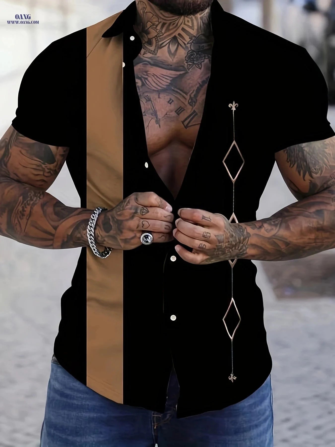 WISH A HORSE Men's Casual Lapel Shirt - Patchwork Geometric Print   OAXG 