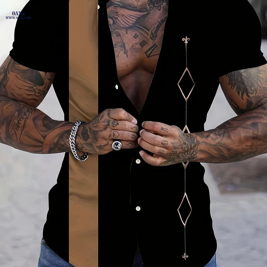 WISH A HORSE Men's Casual Lapel Shirt - Patchwork Geometric Print   OAXG Black / FR S