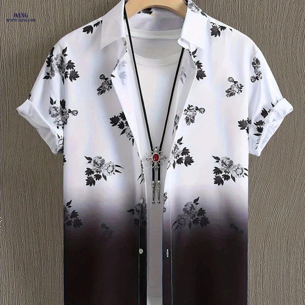 WISH A HORSE Men's Floral Gradient Short Sleeve Shirt - Casual Summer Fit   OAXG White / FR S