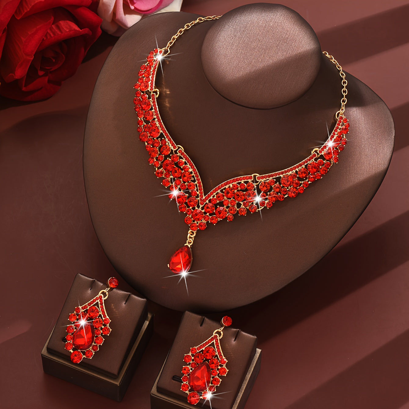 WLOERINS Ensemble de Boucles d'Oreilles et Collier - Chic pour Mariage   OAXG Golden Red / HB1622