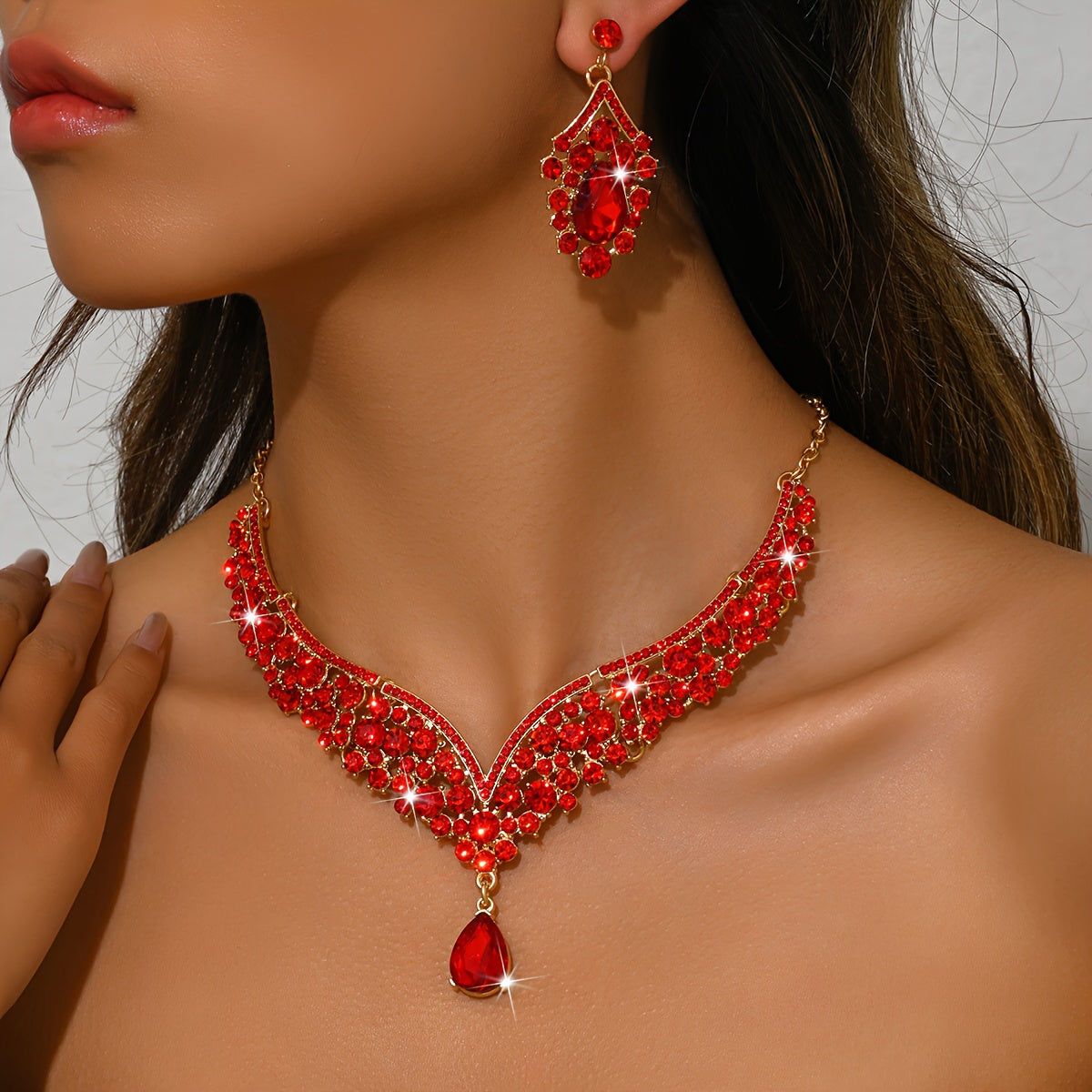 WLOERINS Ensemble de Boucles d'Oreilles et Collier - Chic pour Mariage   OAXG Golden Red / HB1622
