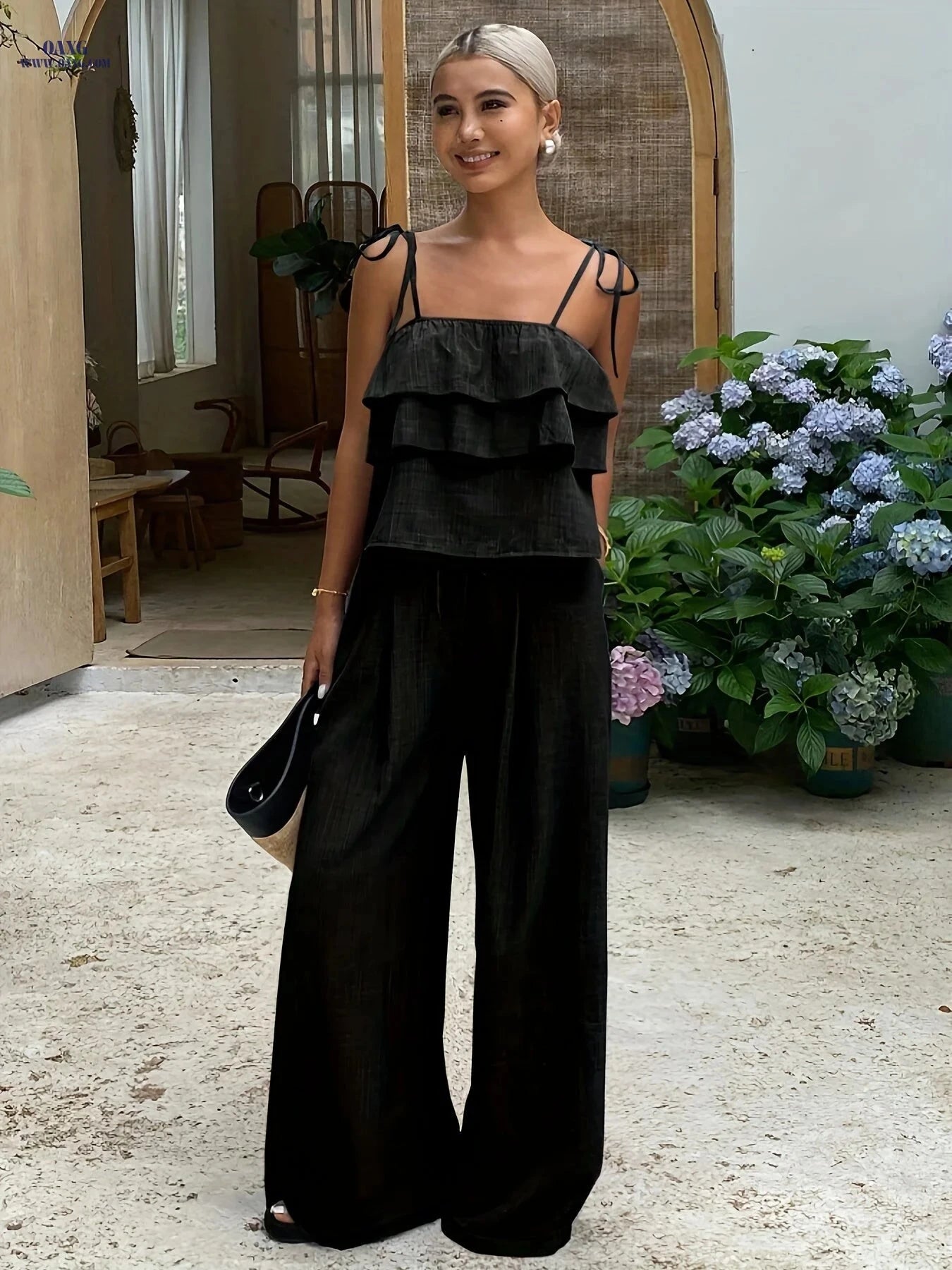 Women's 2-Piece Casual Set - Ruffled Cami Top & High-Waist Pants   OAXG 