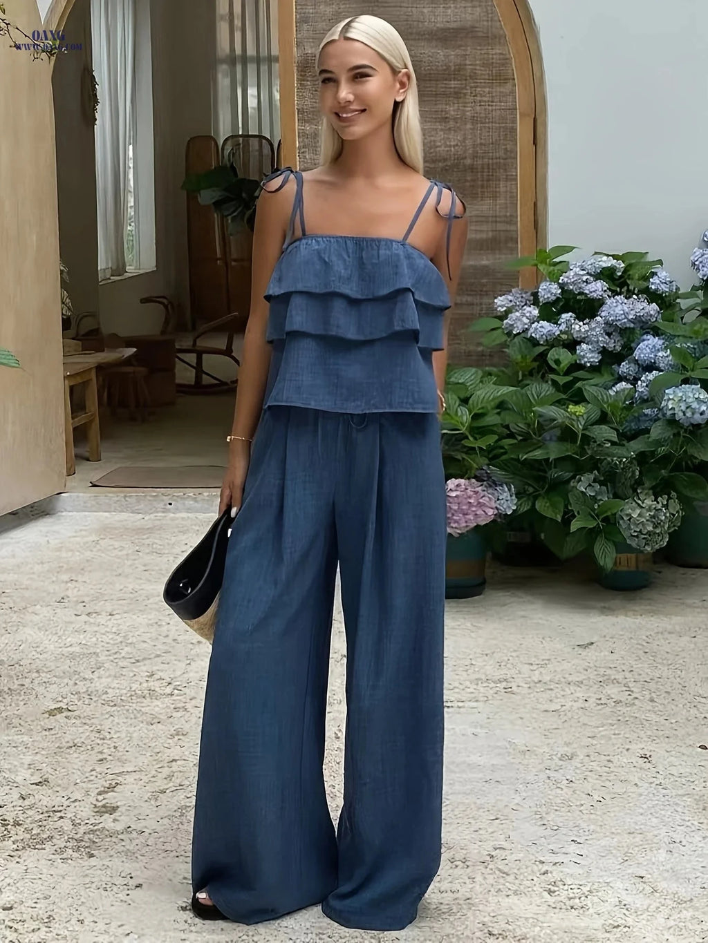Women's 2-Piece Casual Set - Ruffled Cami Top & High-Waist Pants   OAXG 
