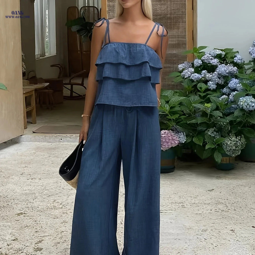 Women's 2-Piece Casual Set - Ruffled Cami Top & High-Waist Pants   OAXG Navy Color / S