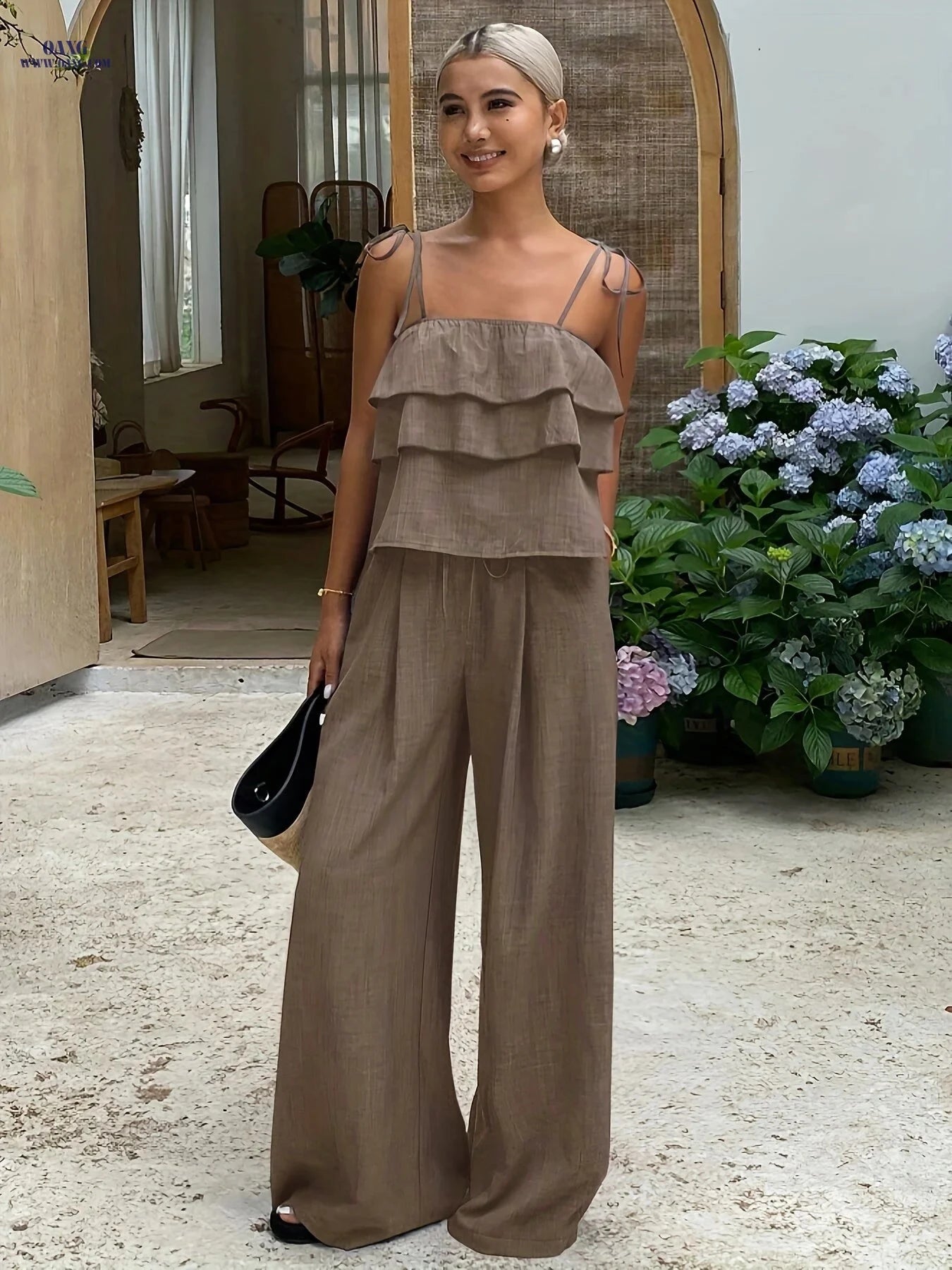 Women's 2-Piece Casual Set - Ruffled Cami Top & High-Waist Pants   OAXG Navy Color / S