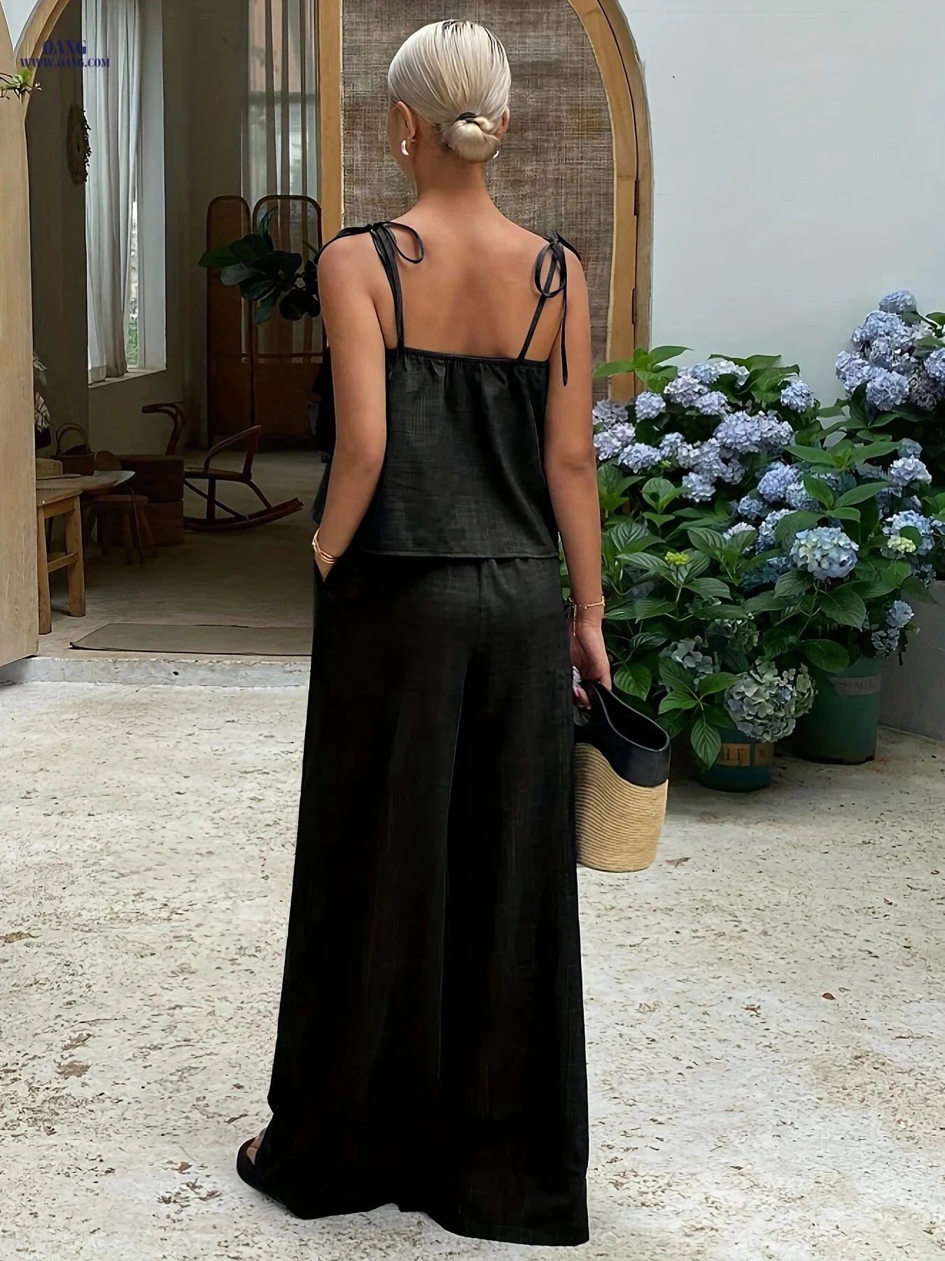Women's 2-Piece Casual Set - Ruffled Cami Top & High-Waist Pants   OAXG 