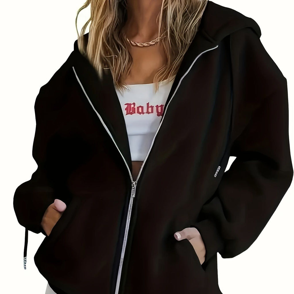 Women's 2024 Trendy Hooded Sweatshirt - Zip-Up, Casual & Versatile, Polyester, Machine Washable   OAXG Black / XS