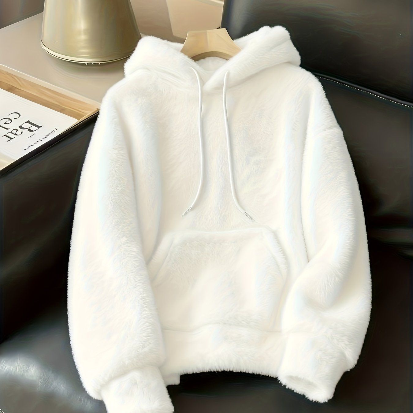 Women's 2025 New Plush Kangaroo Pocket Hoodie, Casual Loose Long Sleeve Drawstring Hooded Sweater   OAXG White / XS