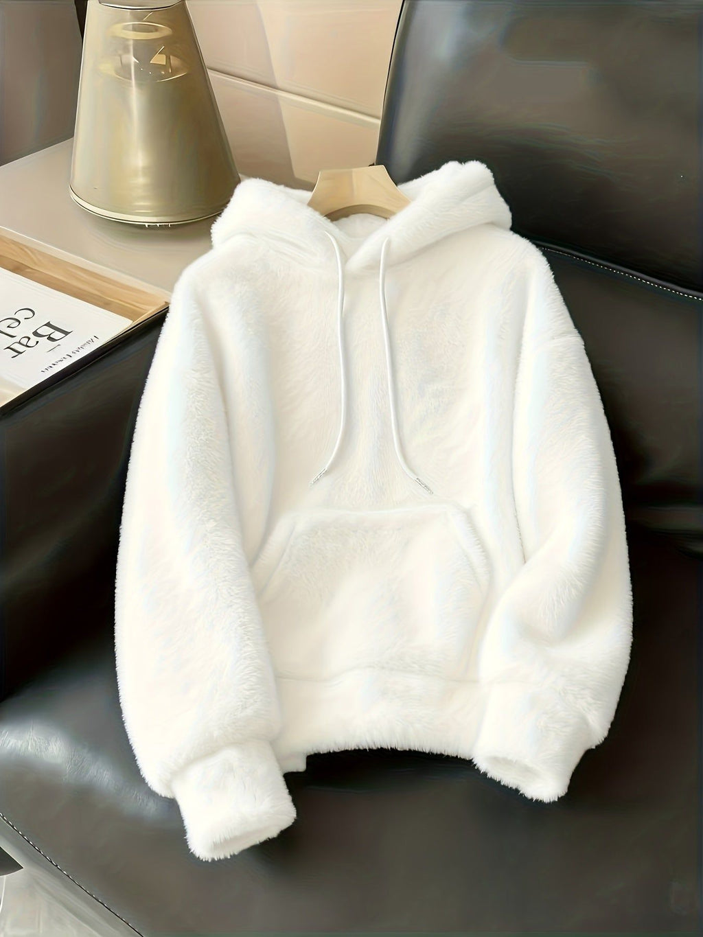Women's 2025 New Plush Kangaroo Pocket Hoodie, Casual Loose Long Sleeve Drawstring Hooded Sweater   OAXG White / XS