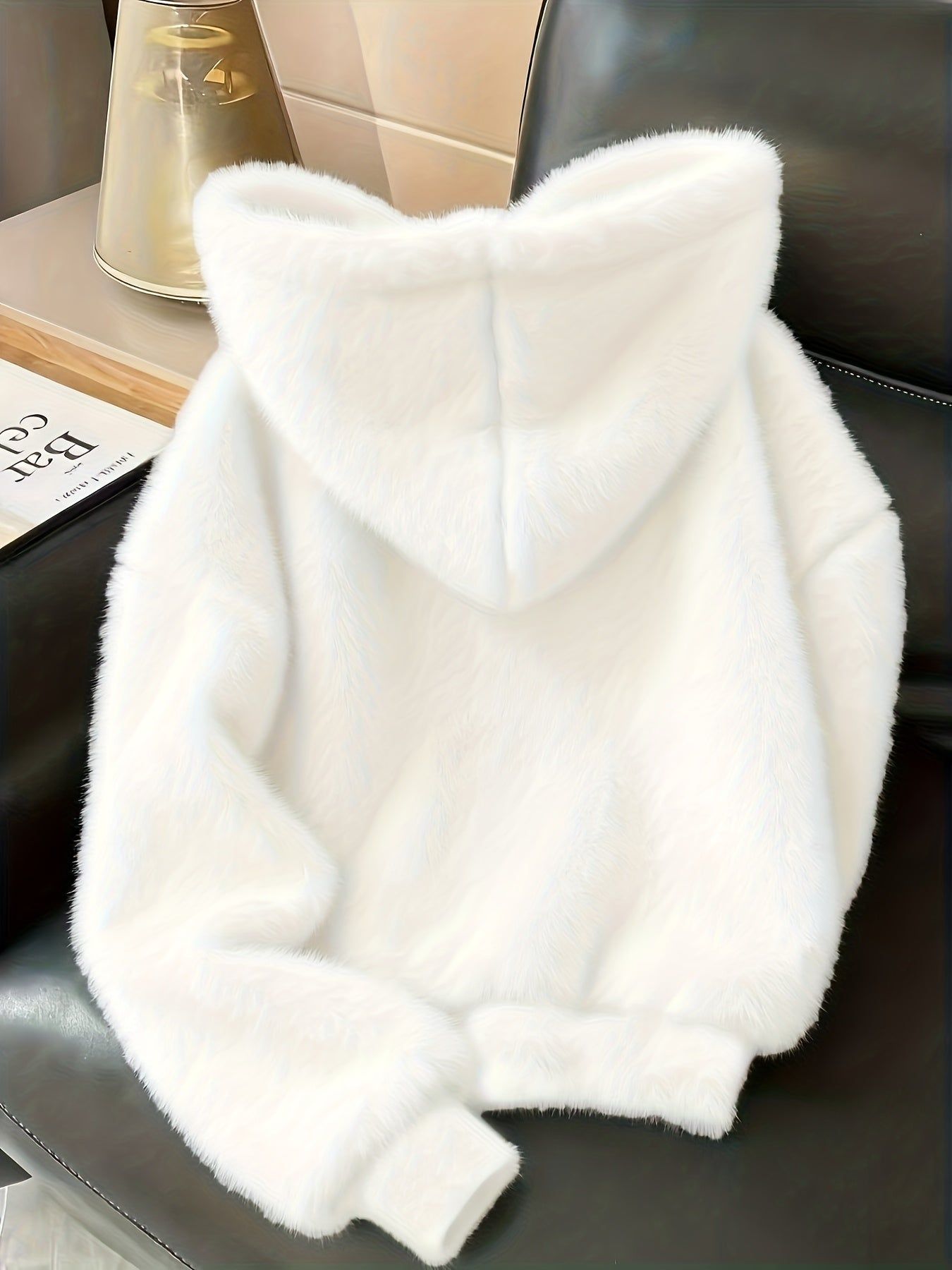 Women's 2025 New Plush Kangaroo Pocket Hoodie, Casual Loose Long Sleeve Drawstring Hooded Sweater   OAXG White / XS