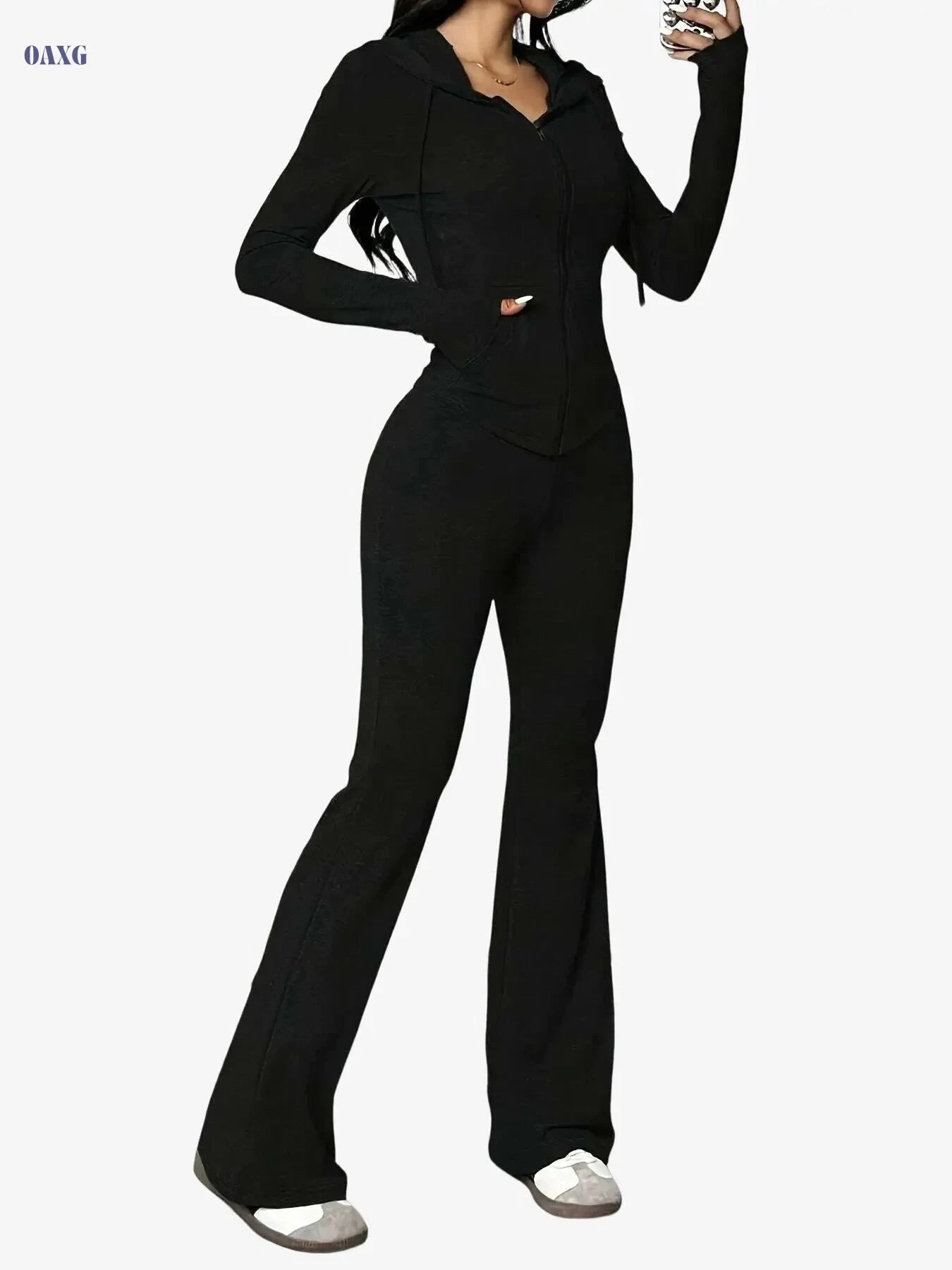 Women's 2pcs Polyester-Blend Tracksuit - Hooded Casual Sportswear Set   OAXG Black / XS