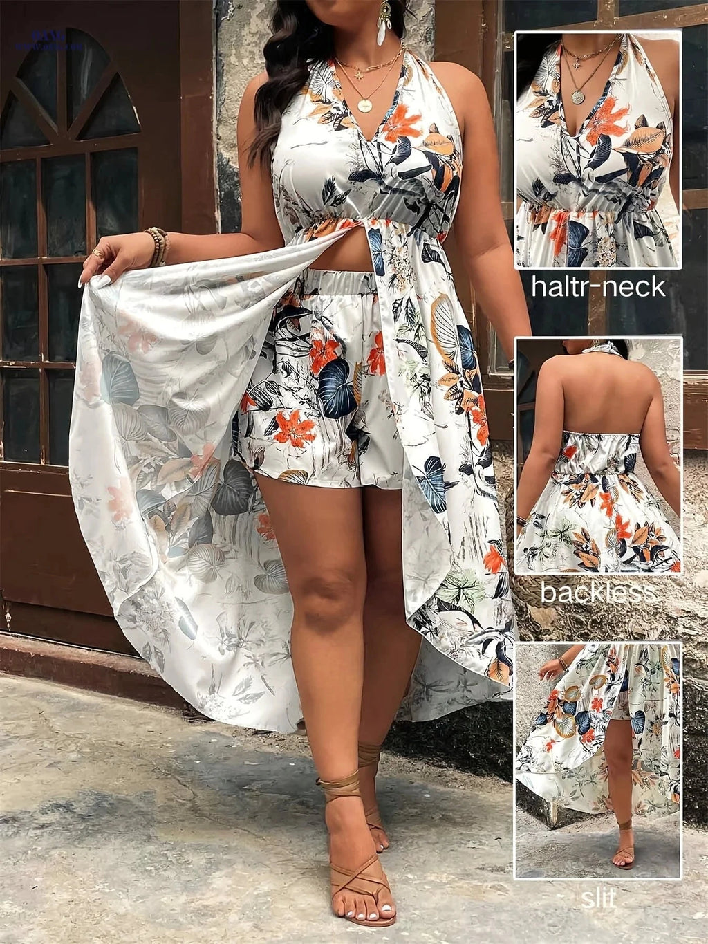 Women's 2pcs Shorts Set - Printed Halter Top & Casual Shorts   OAXG 