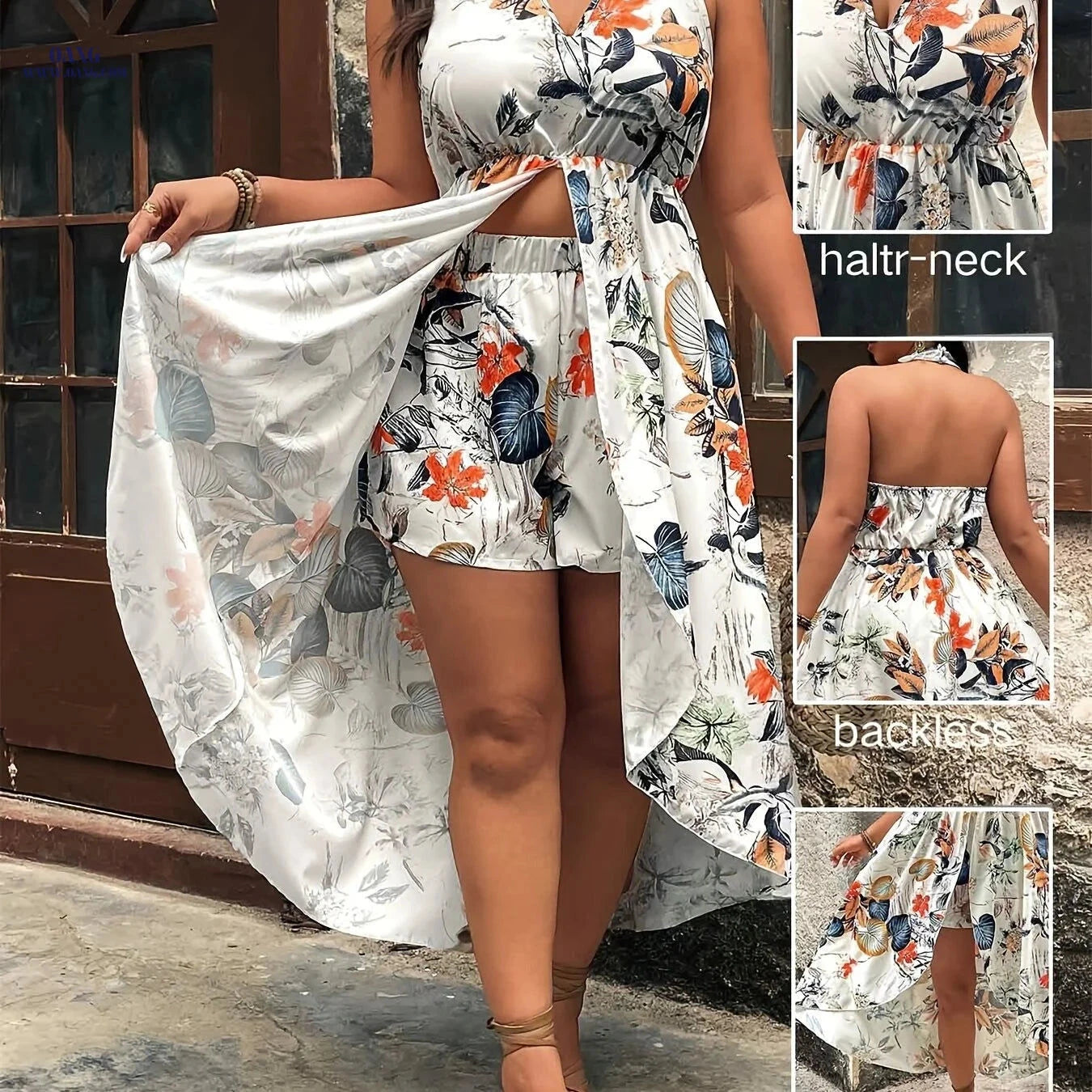 Women's 2pcs Shorts Set - Printed Halter Top & Casual Shorts   OAXG Multicolor / S