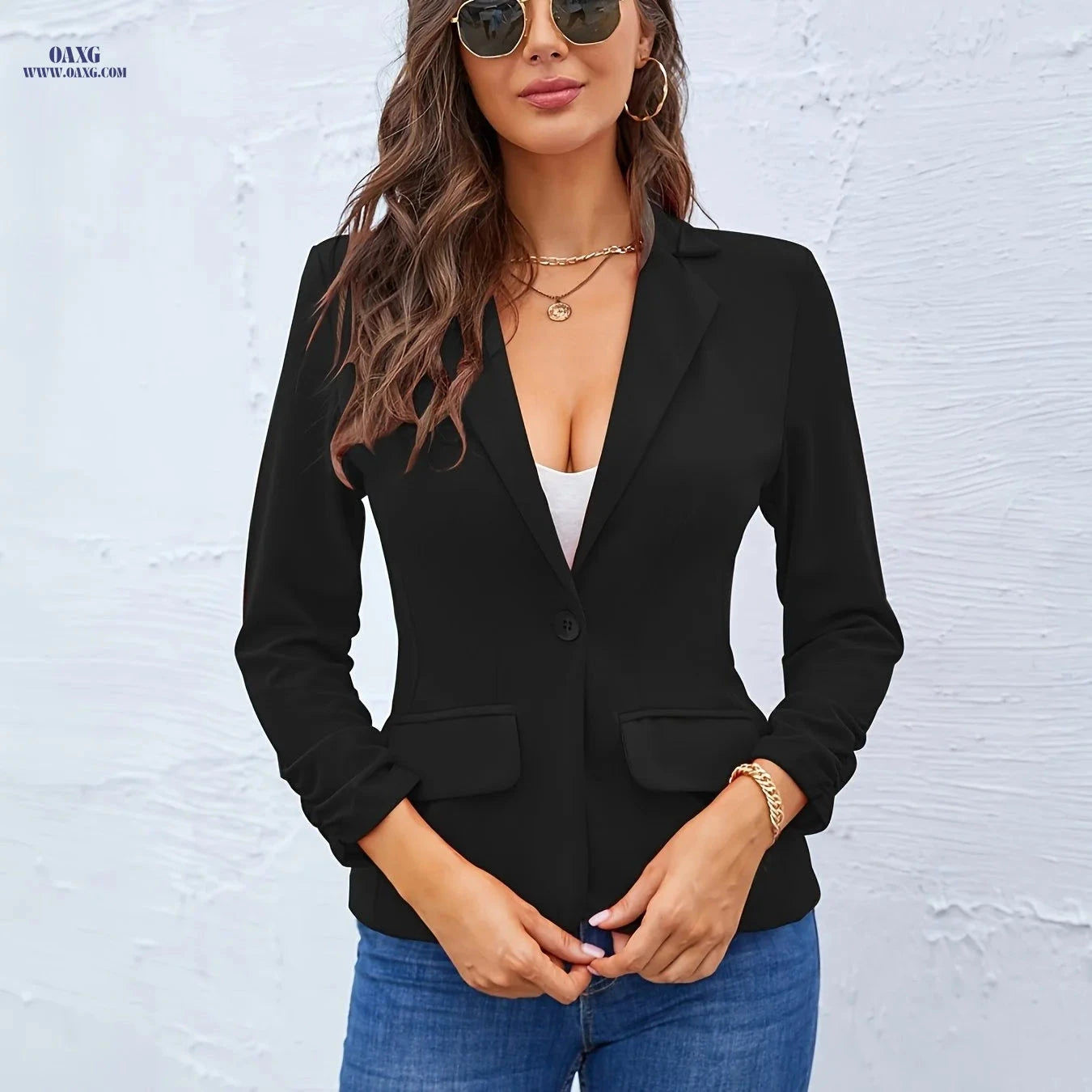 Women's 3/4 Sleeve Open-Front Jacket Set - Casual Work Uniform   OAXG Black / S