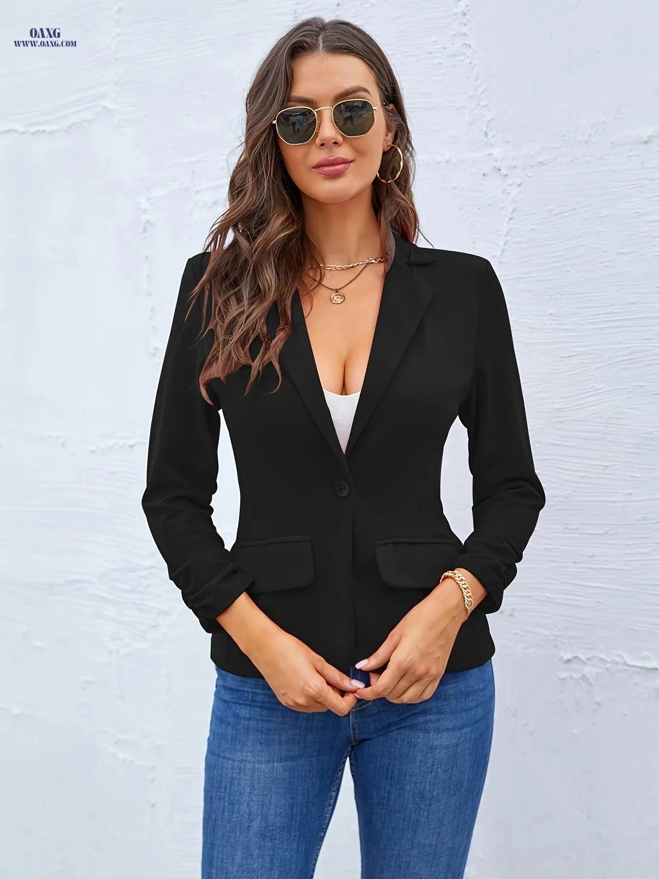 Women's 3/4 Sleeve Open-Front Jacket Set - Casual Work Uniform   OAXG Black / S