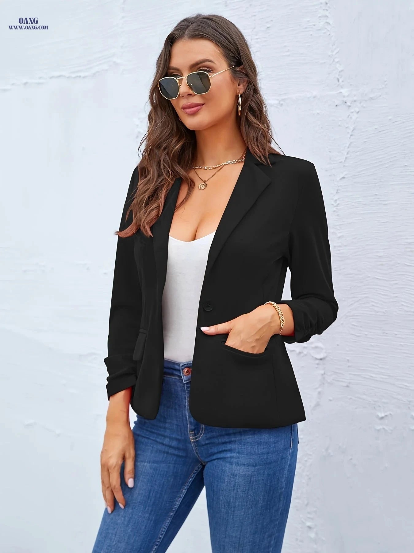 Women's 3/4 Sleeve Open-Front Jacket Set - Casual Work Uniform   OAXG Black / S