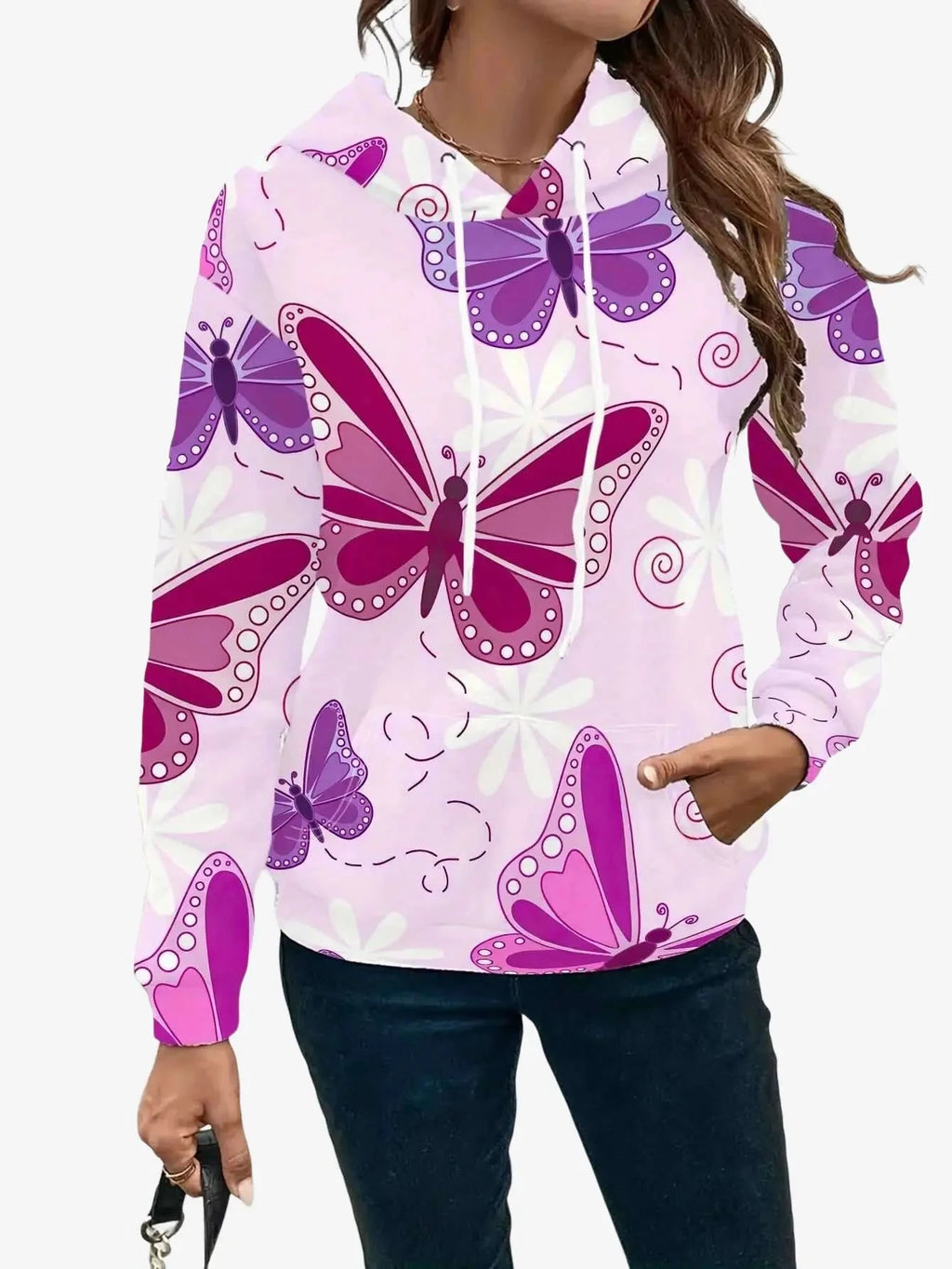 Women's 3D Butterfly Print Hoodie - Iridescent Casual Pullover Sweater   OAXG 