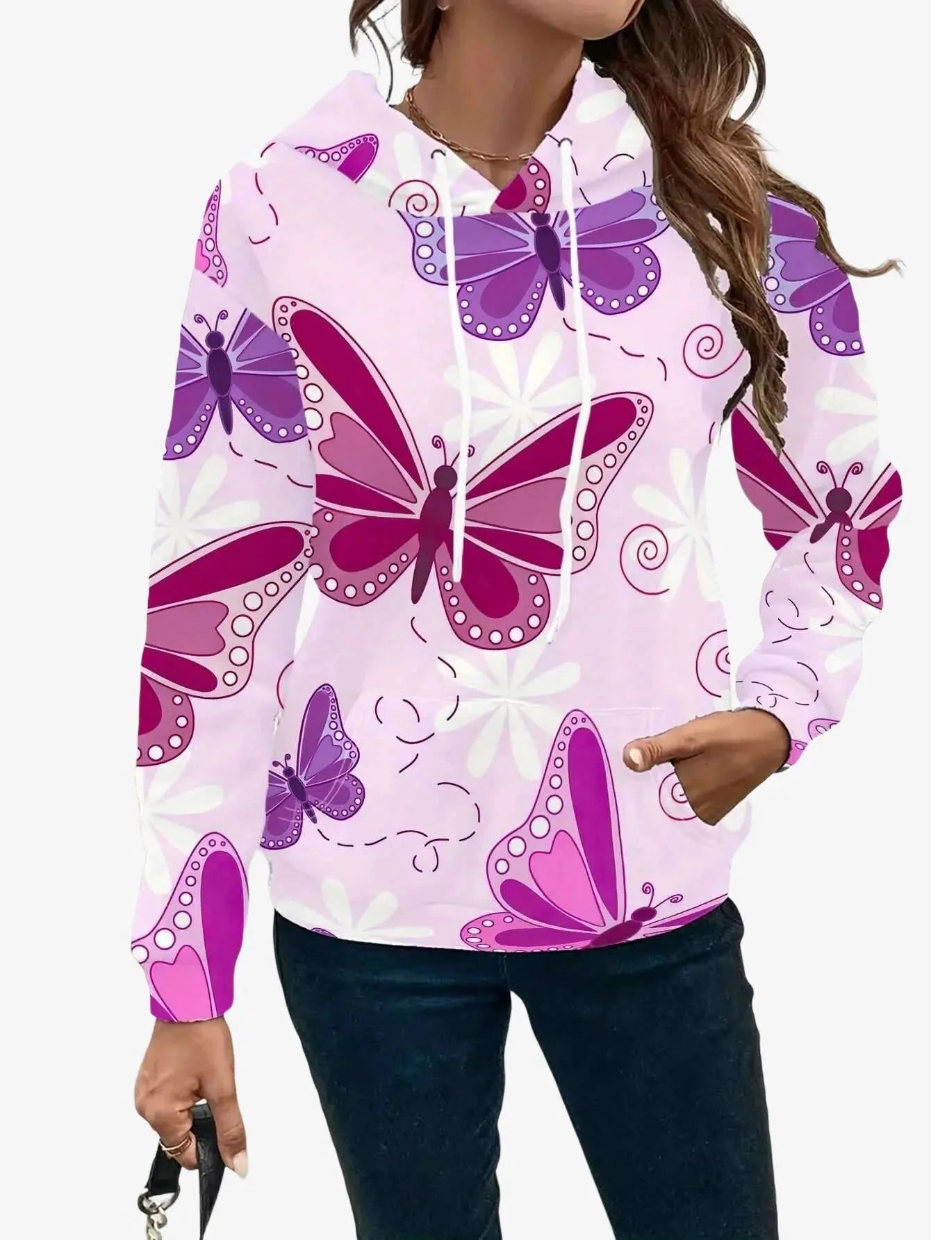 Women's 3D Butterfly Print Hoodie - Iridescent Casual Pullover Sweater   OAXG 