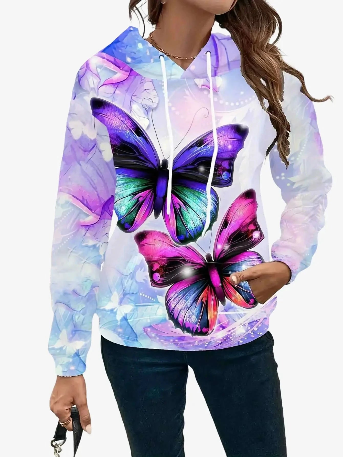 Women's 3D Butterfly Print Hoodie - Iridescent Casual Pullover Sweater   OAXG Violet / S