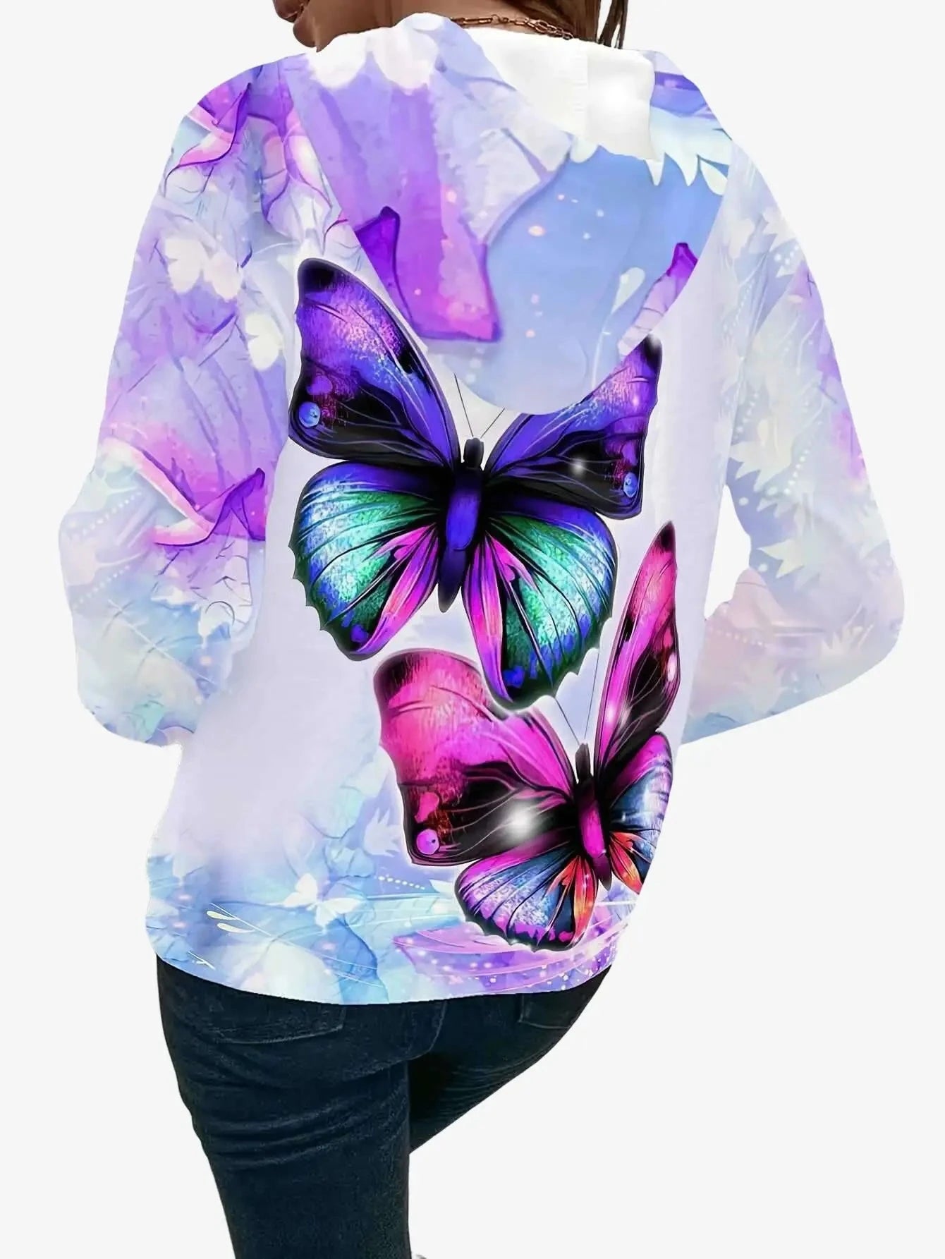 Women's 3D Butterfly Print Hoodie - Iridescent Casual Pullover Sweater   OAXG Violet / S
