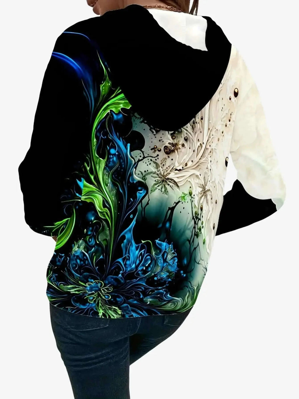 Women's 3D Digital Print Hoodie - Floral Drawstring Pullover for Spring   OAXG 