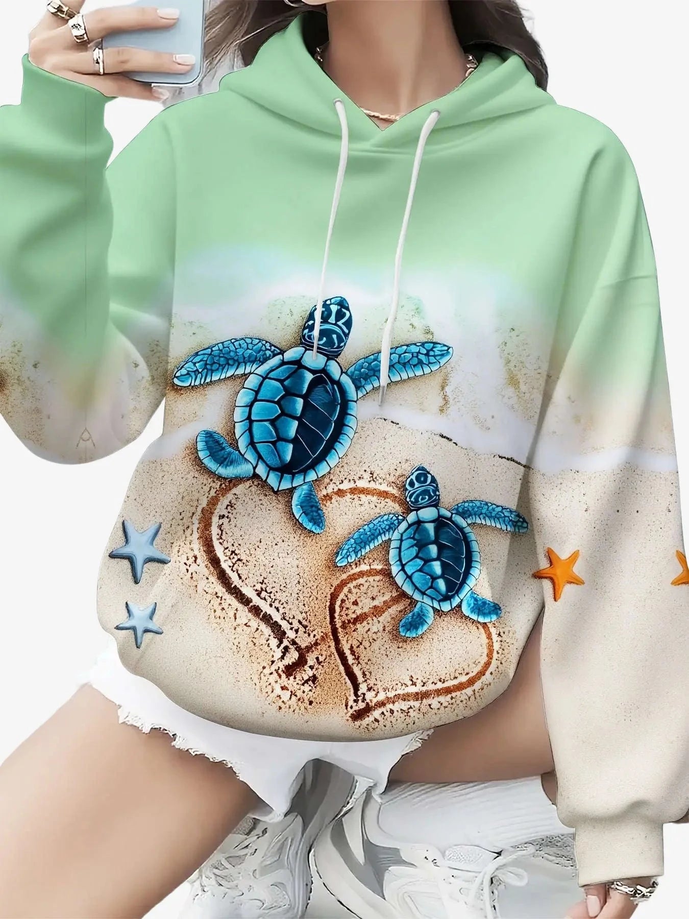 Women's 3D Sea Turtle Print Hoodie - Cute Casual Pullover for Spring   OAXG 