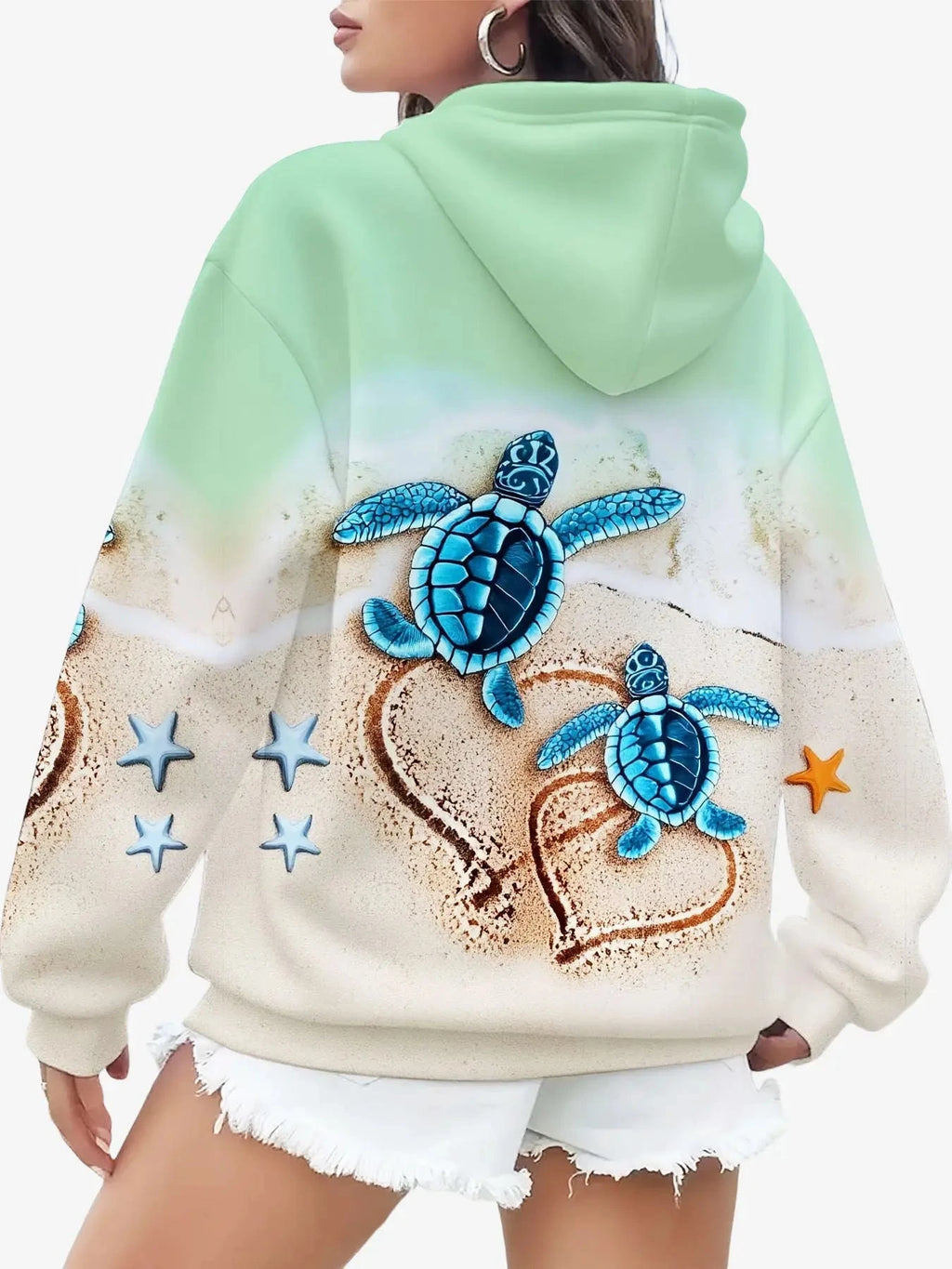 Women's 3D Sea Turtle Print Hoodie - Cute Casual Pullover for Spring   OAXG Mixed Color / S