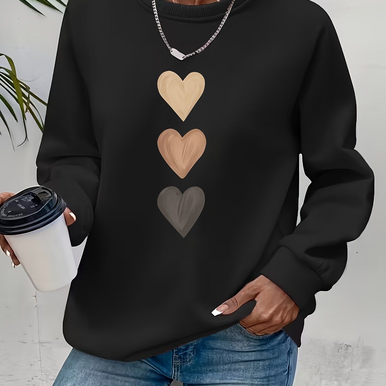 Women'S 3pcs Heart Cartoon Print Pattern Fashion Round Neck Sweatshirt Long Sleeve Round Neck Sweater   OAXG Sea Blue / S