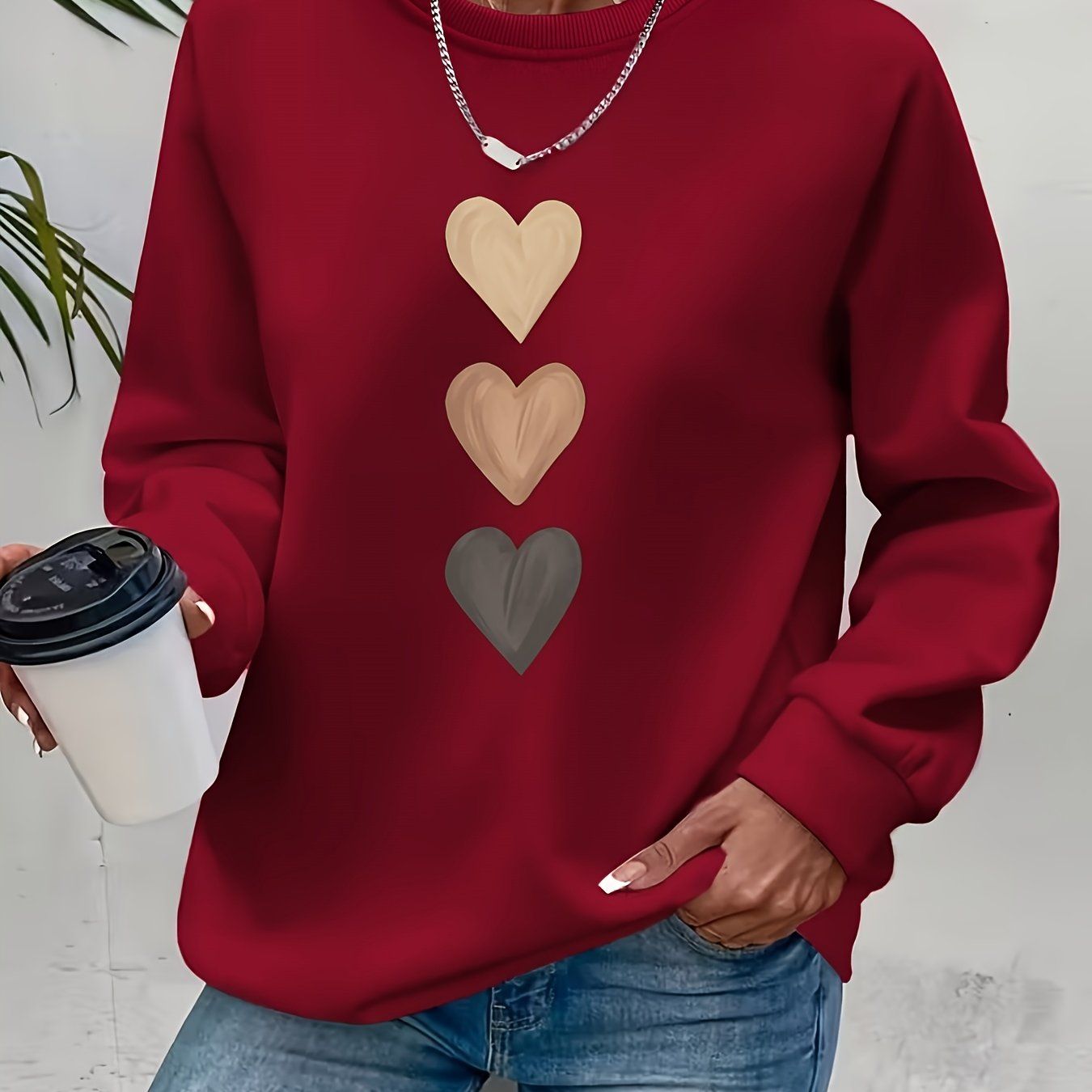 Women'S 3pcs Heart Cartoon Print Pattern Fashion Round Neck Sweatshirt Long Sleeve Round Neck Sweater   OAXG Sea Blue / S