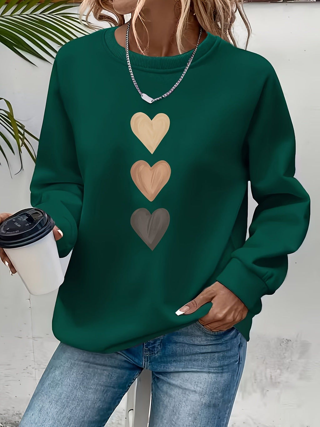 Women'S 3pcs Heart Cartoon Print Pattern Fashion Round Neck Sweatshirt Long Sleeve Round Neck Sweater   OAXG Sea Blue / S