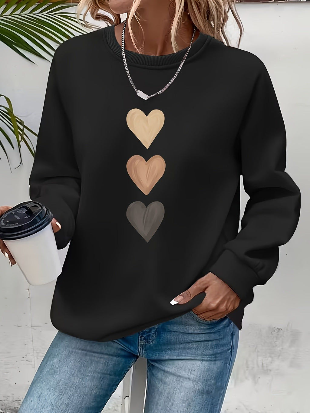Women'S 3pcs Heart Cartoon Print Pattern Fashion Round Neck Sweatshirt Long Sleeve Round Neck Sweater   OAXG Sea Blue / S