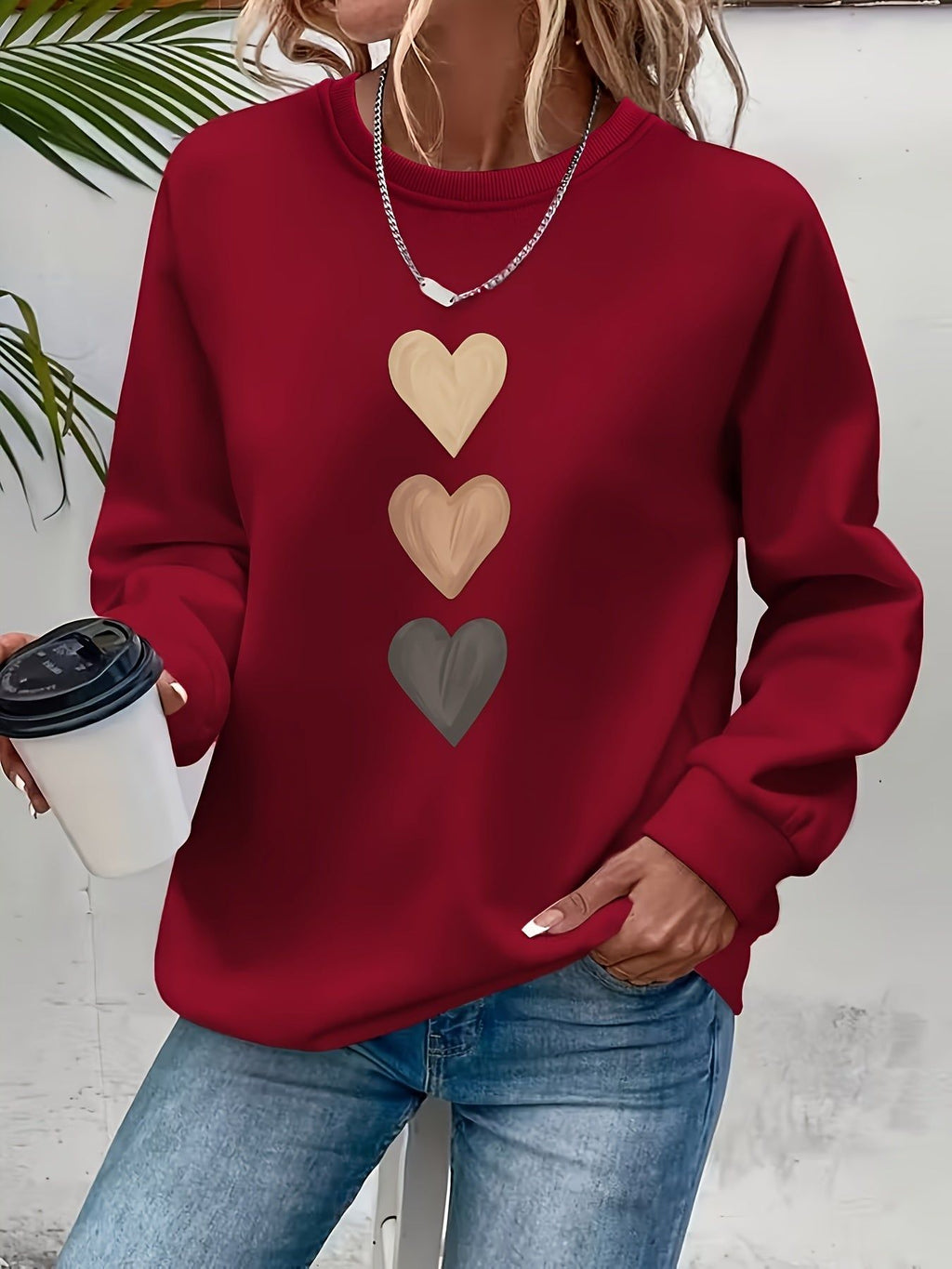 Women'S 3pcs Heart Cartoon Print Pattern Fashion Round Neck Sweatshirt Long Sleeve Round Neck Sweater   OAXG Sea Blue / S