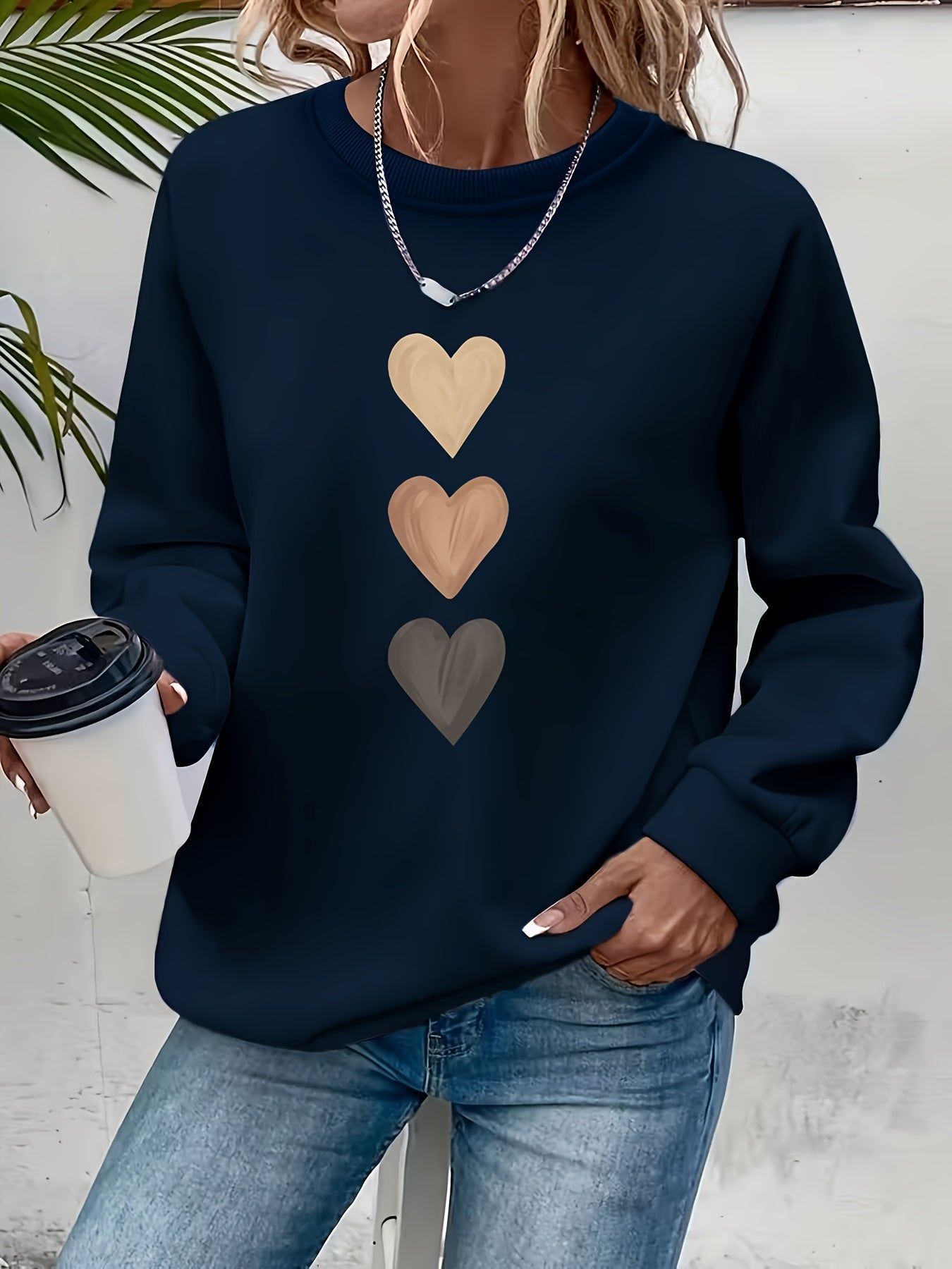Women'S 3pcs Heart Cartoon Print Pattern Fashion Round Neck Sweatshirt Long Sleeve Round Neck Sweater   OAXG Sea Blue / S