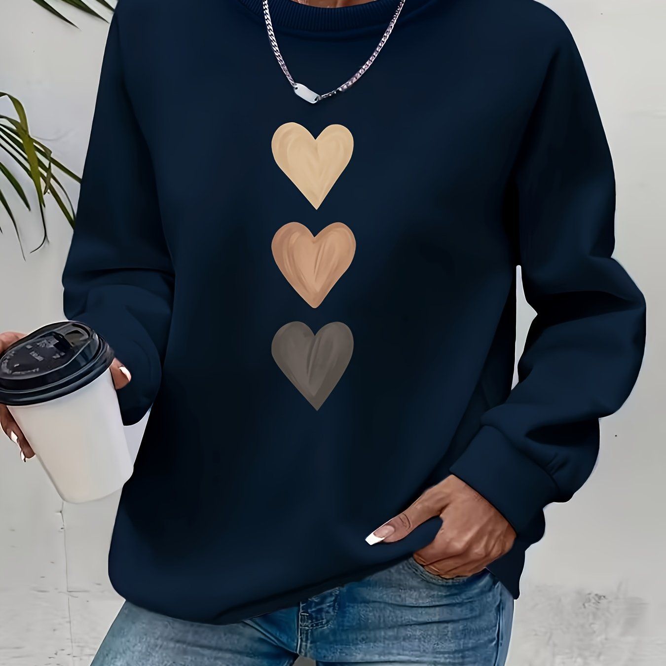Women'S 3pcs Heart Cartoon Print Pattern Fashion Round Neck Sweatshirt Long Sleeve Round Neck Sweater   OAXG Sea Blue / S